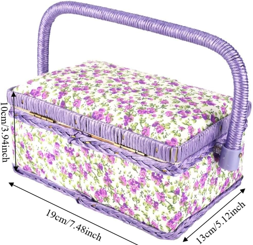 Sewing Tool Organizer Box Sewing Supplies Organizer for Storing Needles Thread, Sewing Basket with Handle & Removable Tray, Flower Pattern,Purple