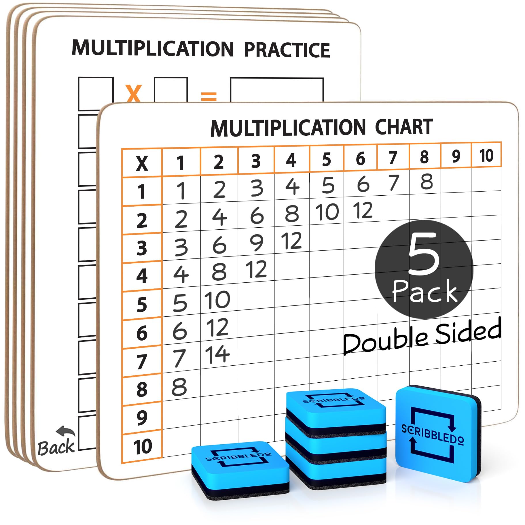 SCRIBBLEDO 5 Pack Dry Erase Multiplication Chart White Board 9" x 12" Multiplication Table Double Sided Times Table Math Manipulatives Whiteboard for