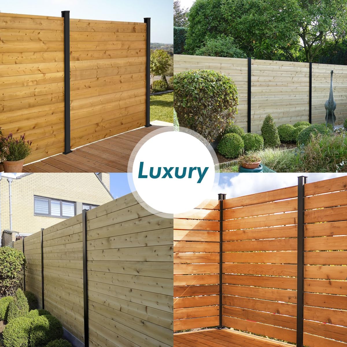 2 Line Post for 6ft Outdoor Privacy Fence Panels, Matte Black Metal Wood Fence Post, No Dig Hard Surface Mount. (2 Posts for 180 Degree)