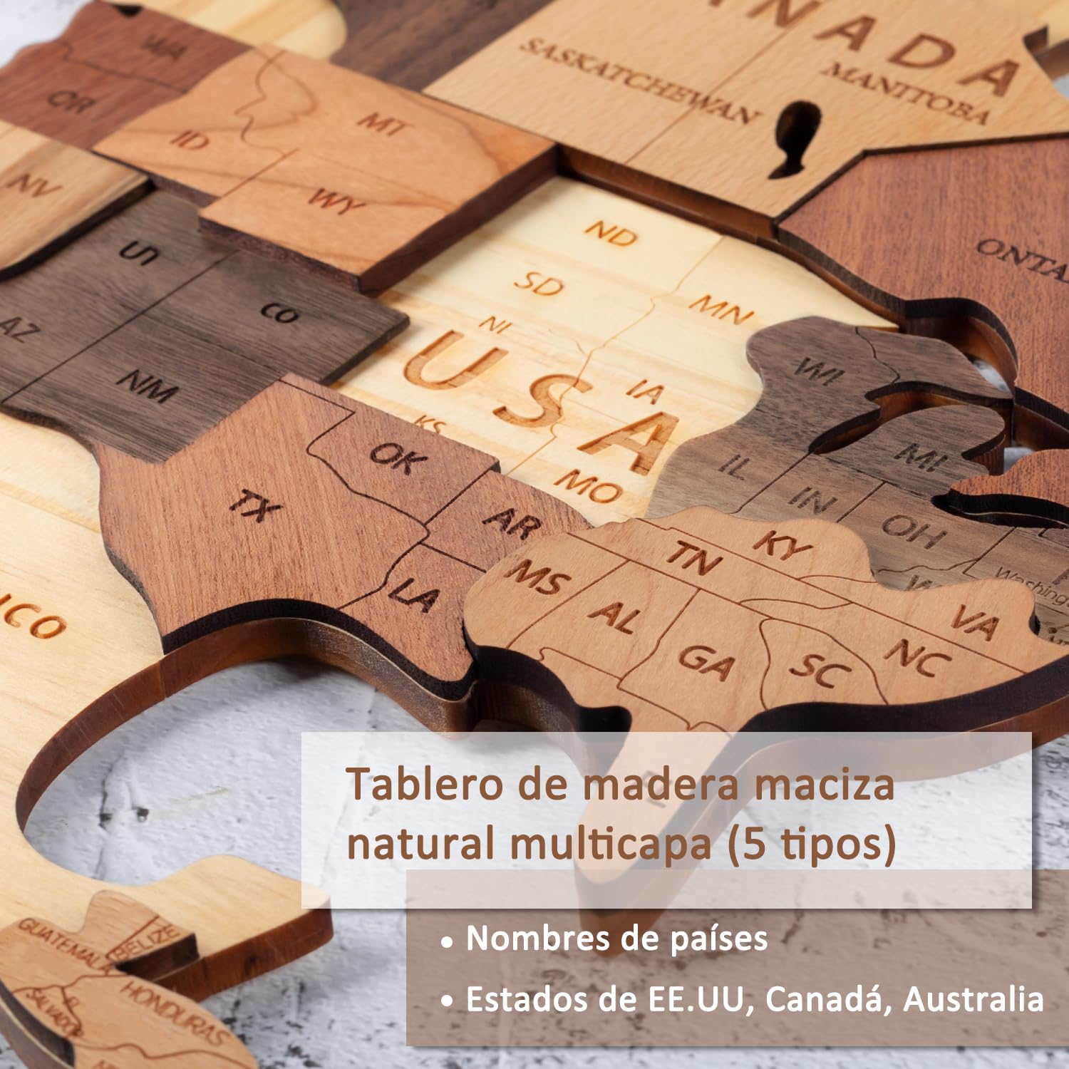 Creawoo Mapa del Mundo 3D de Madera para Decoración de Pared, Grande Mapamundi Maciza Natural Multicapa Arte de Pared para Oficina Sala de Estar Dormitorio, Mapamundi de Viaje de Madera-100x57cm