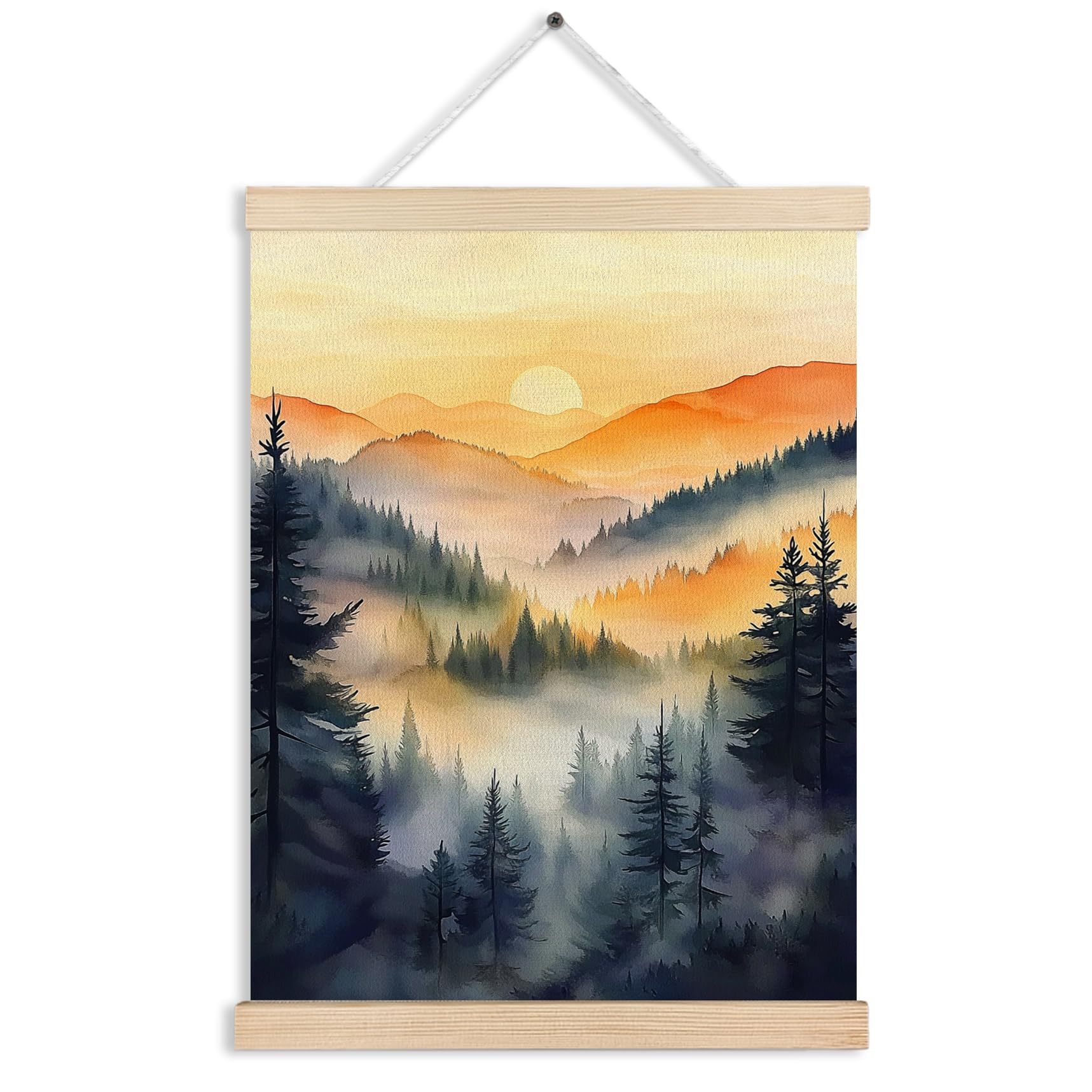 FITIE Misty Foggy Mountain Forest Canvas Wall Art Poster, Nature Room Decor, Retro Sunset Forest Landscape Scenic Wall Decor Prints for Home Bedroom