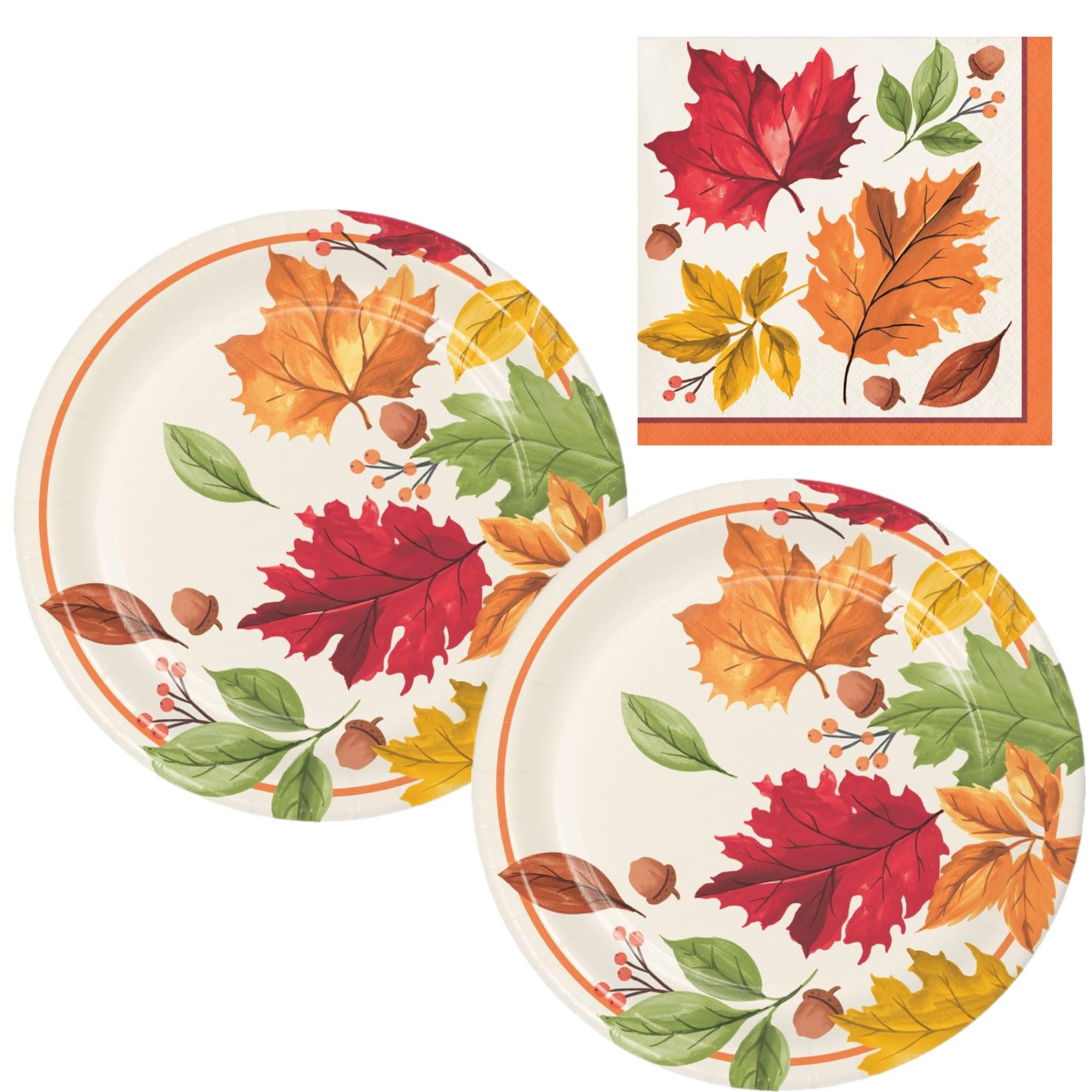 Fall Leaves Party Supplies | Autumn Inspired Tableware Bundle Includes Paper Dessert Plates & Beverage Napkins for 16 People
