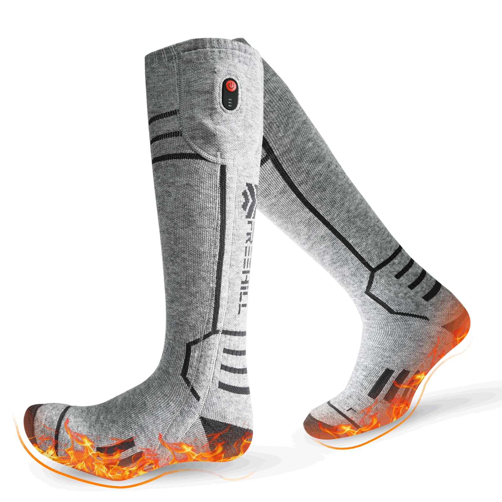 FREEHILL Merino Wool Heated Socks for Men Women, 5000mAh One-Click Control Rechargeable Cold Weather Heated Ski Socks