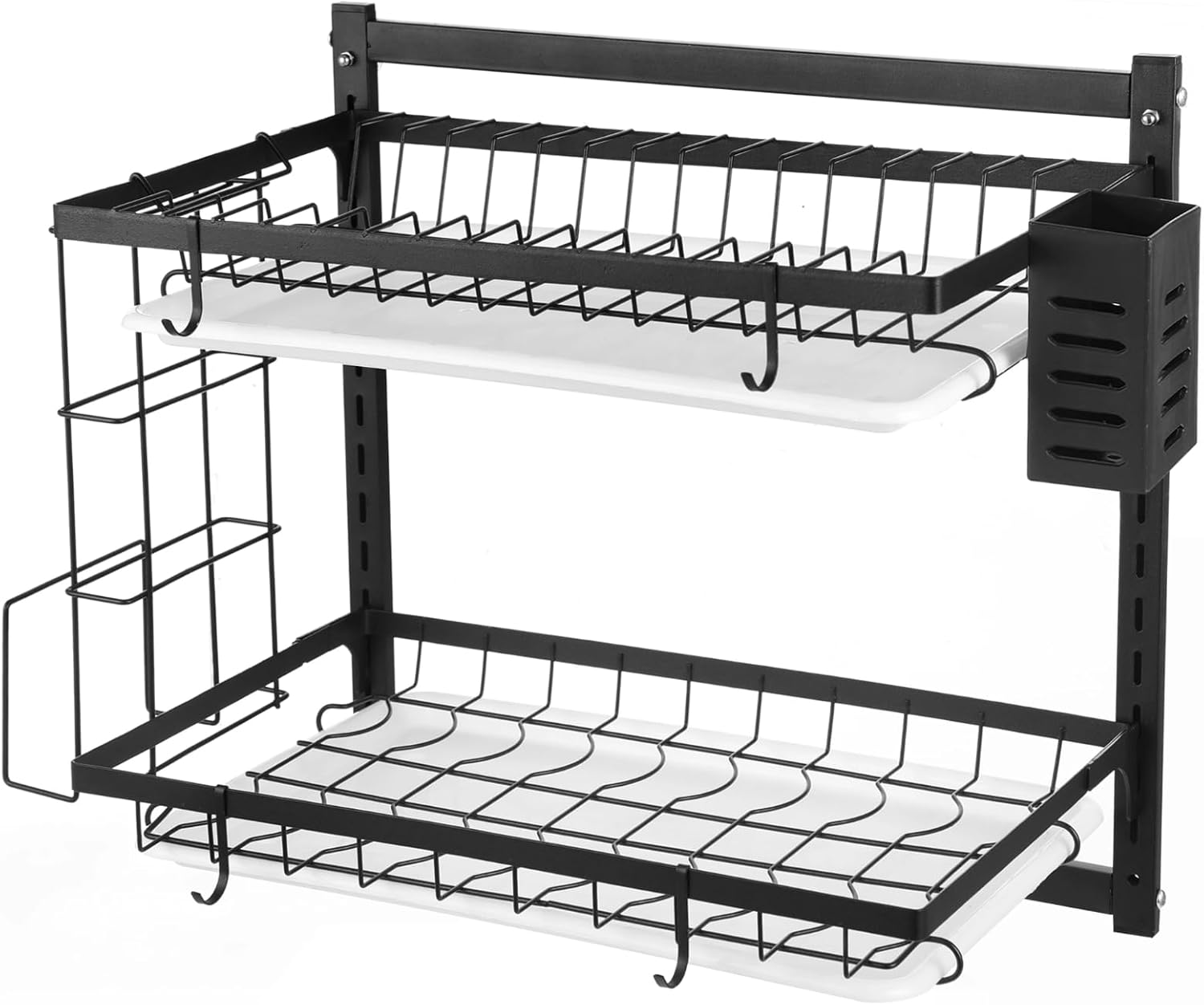 OMISTAR 2 Tier Wall Mounted Dish Rack, Large Capacity Hanging Dish Drying Rack Adjustable Heights, Carbon Steel Frame with Cutting Board Holder, Utensil Holder for Kitchen, Black
