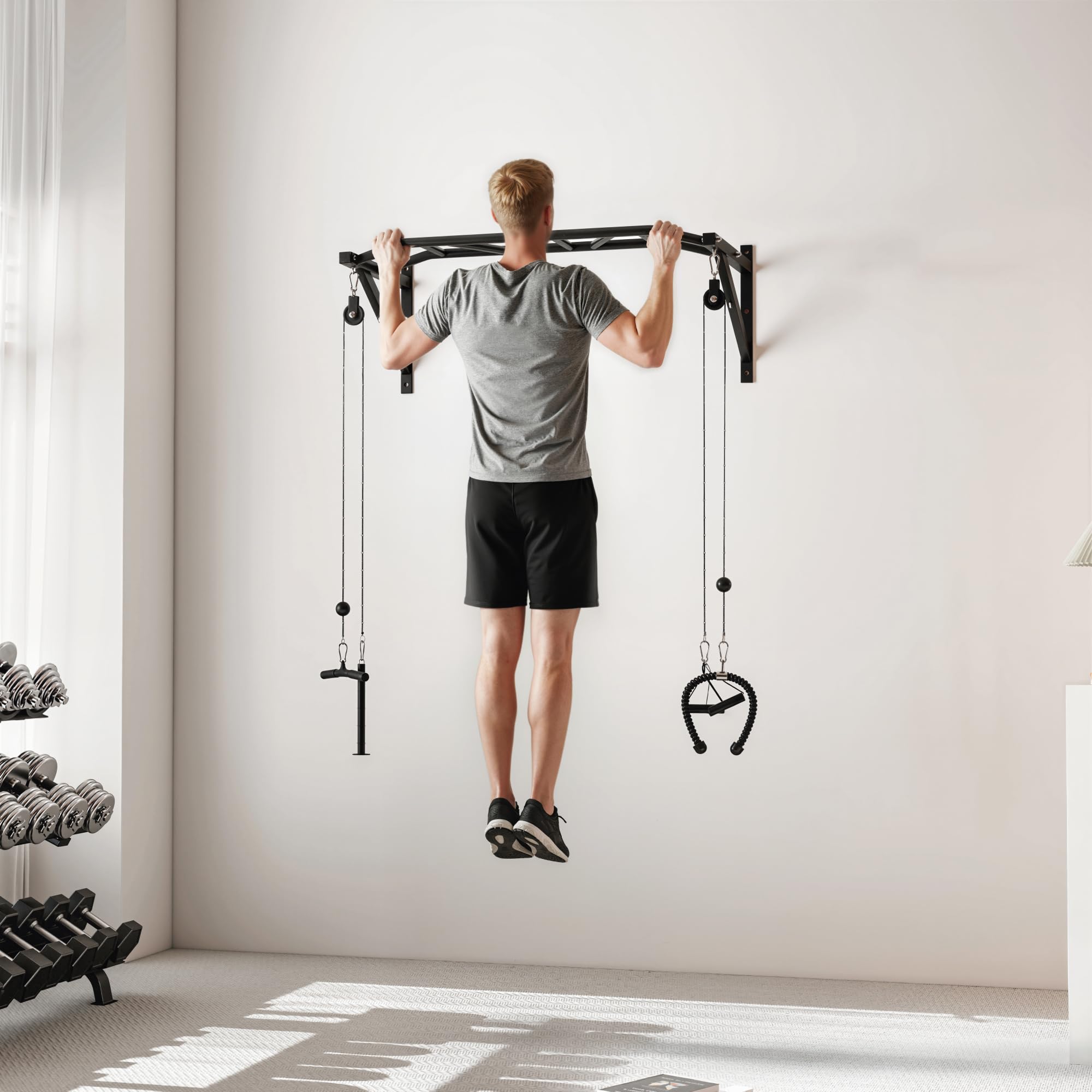 SPORTNOW Drążek do ciągnięcia na ścianie, wielofunkcyjny drążek fitness z wytrzymałą stalą, z systemem koła pasowego linki, uchwyt do ciągnięcia, do domu, obciążenie 200 kg, czarny