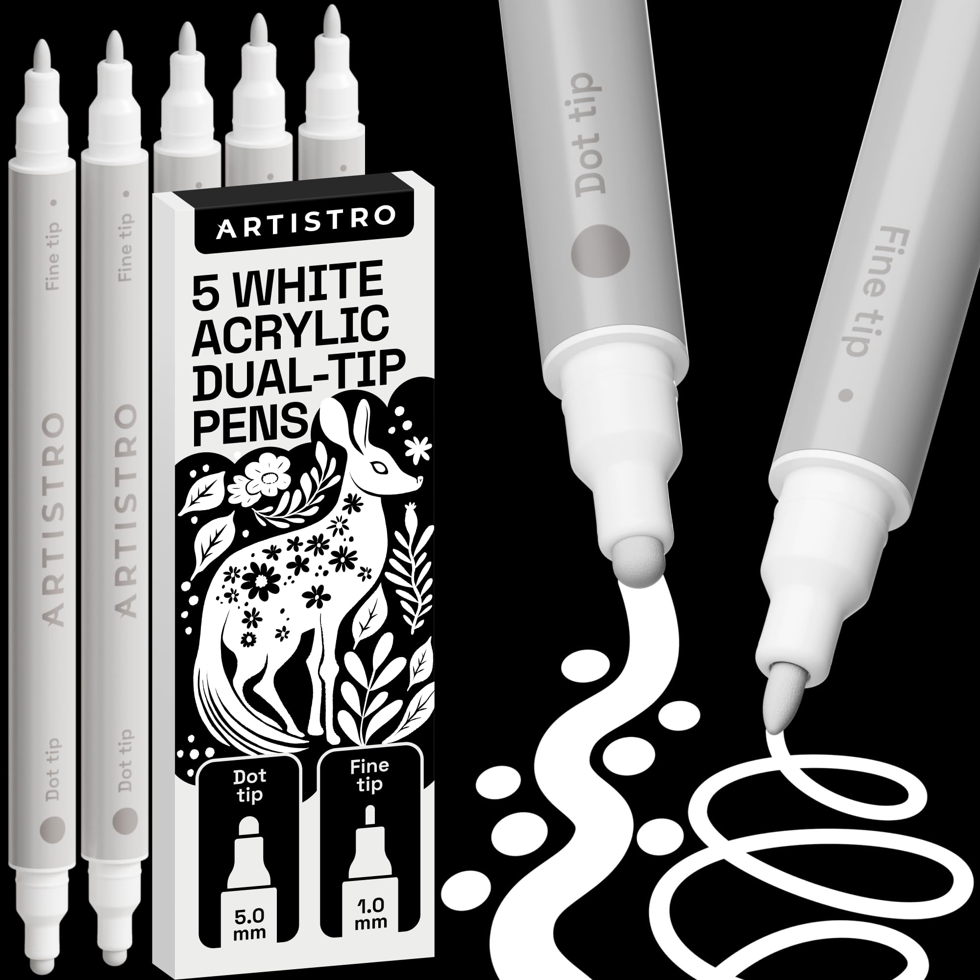 artistro 5 white dual-tip acrylic paint pens for rock, ceramic, glass, wood, fabric - white markers for acrylic painting, 5mm dot + 1mm fine tips