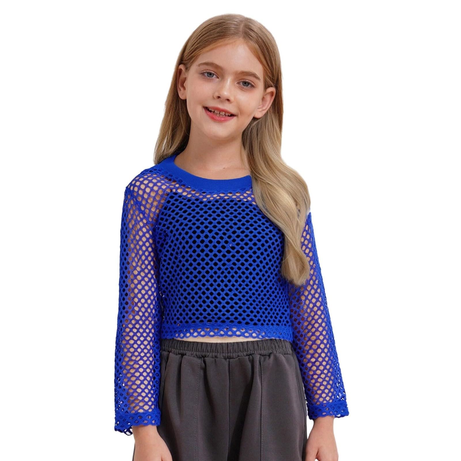Generisch Neon Kinder Netzoberteil Mädchen Langarm Gehäkeltes Crop Top Hollow Out Mesh Tshirt Basic Oberteil Kurz Unterhemd Tanzkleidung