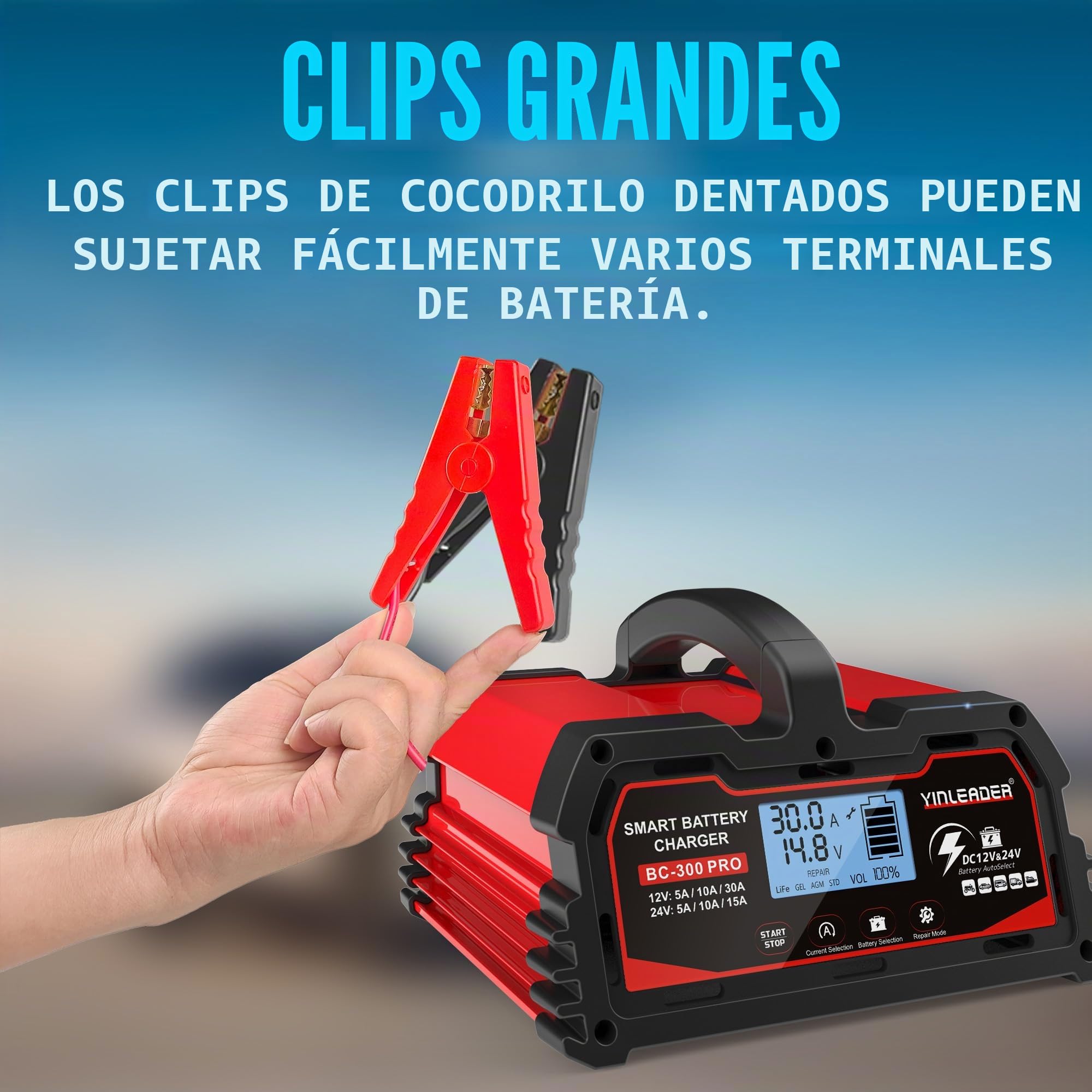 Yinleader Cargador de batería de Coche 30 A 12 V/24 V Cargador de batería para Coche Totalmente automático Inteligente con Pantalla LCD