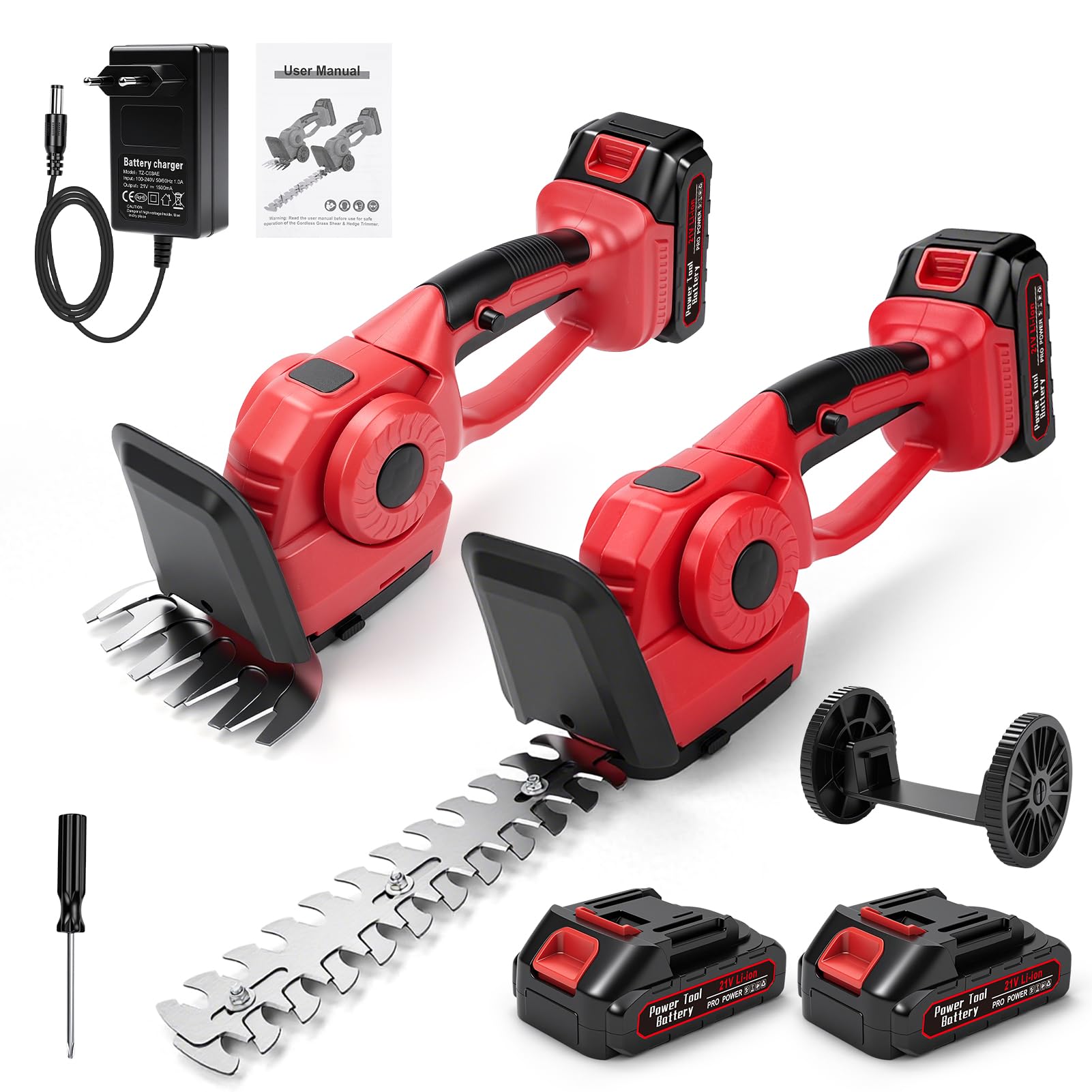 Tijera CortacéSped Y Arreglasetos, 2 En 1 Cortasetos Bateria Y Tijera Corta Cesped con 2 BateríAs De 1500mah 21v, Corta Setos Jardin Electrico Desbrozadora con 2 Cuchillas 220mm /135mm