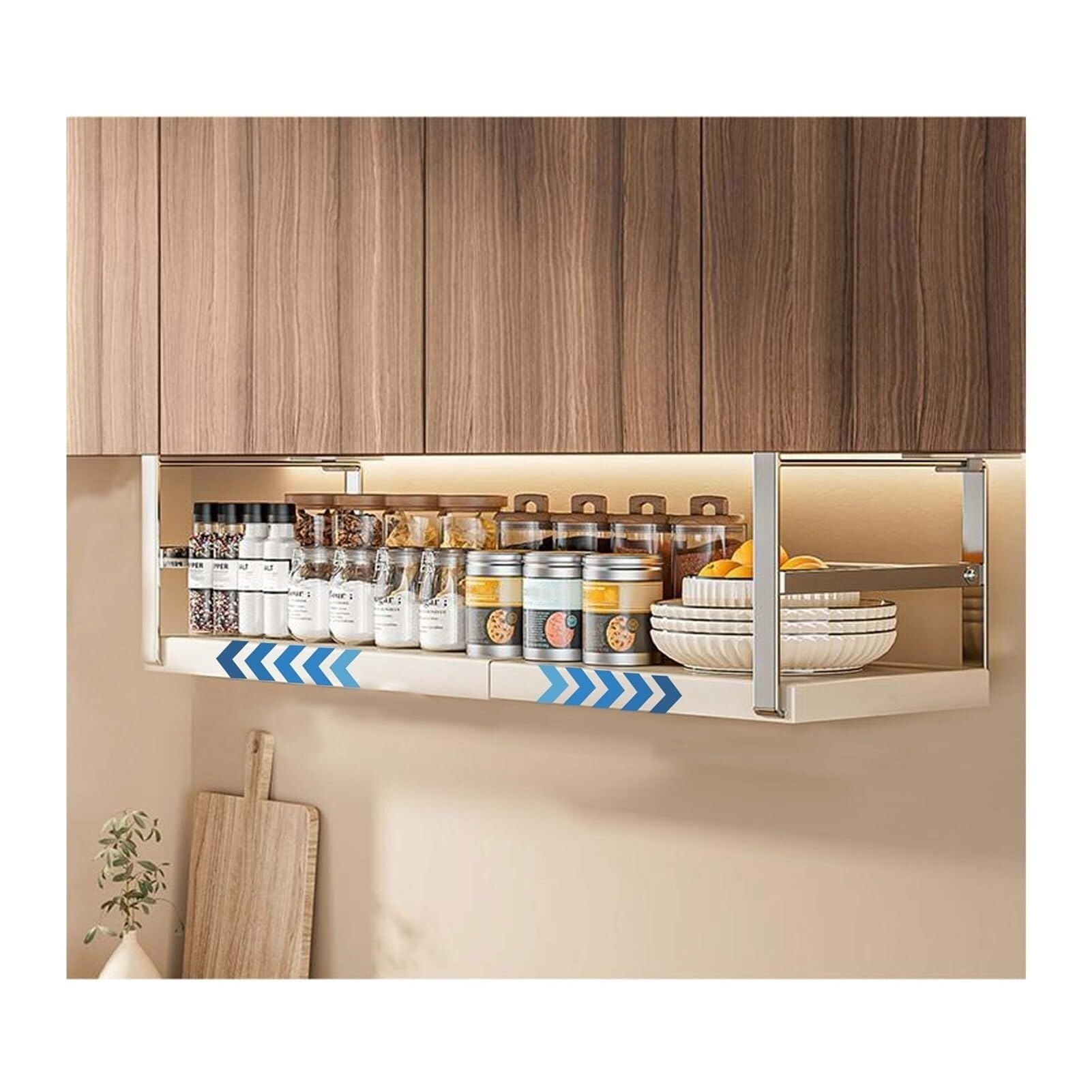 Estante colgante ajustable con cestas para optimizar el almacenamiento de la cocina
