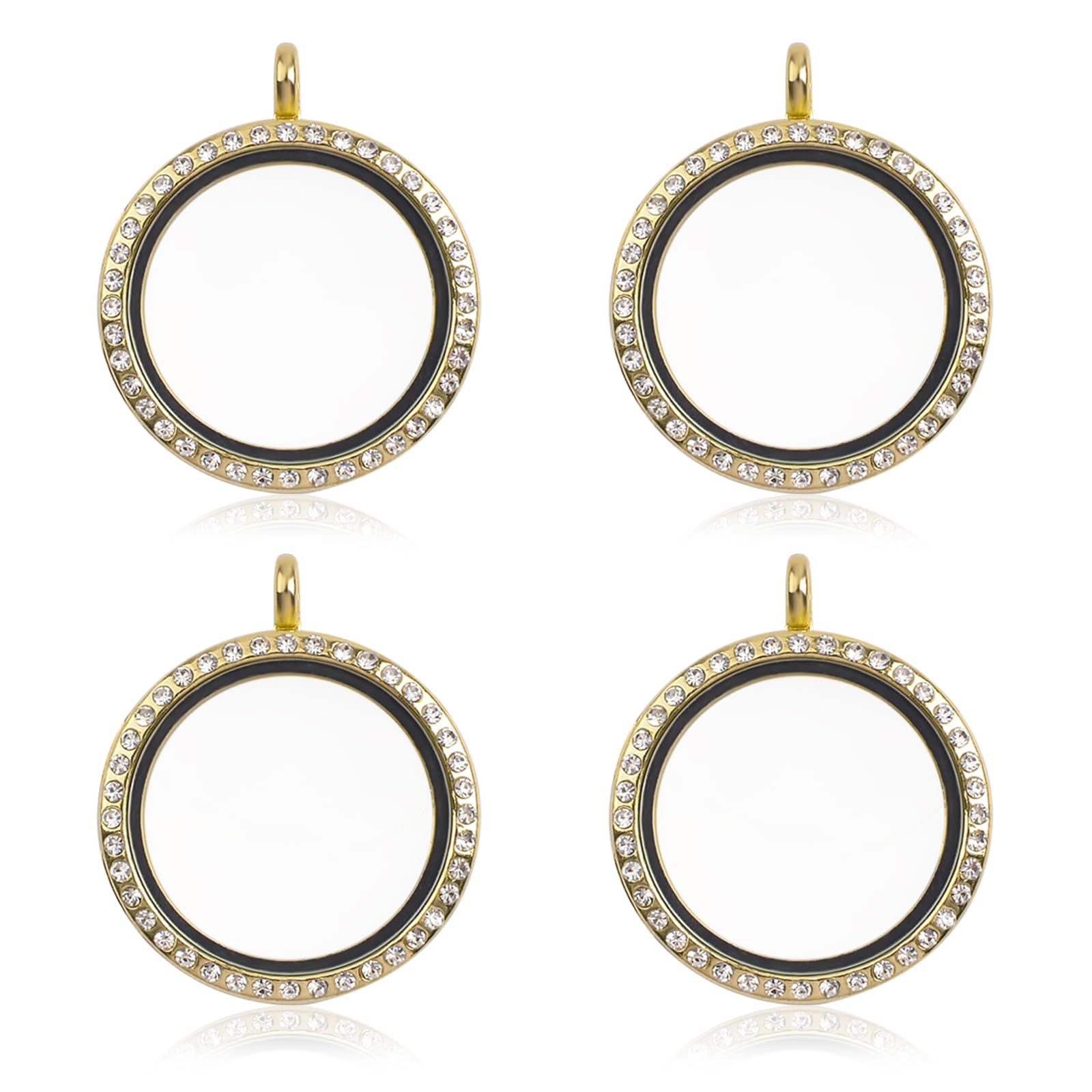 Wandic Gold Rhinestone Photo Charm, 4 Pcs Color Round Crystal Photo Pendant Bridal Wedding Bouquet Charms Memory Locket For 2 Pictures (4 Pcs )