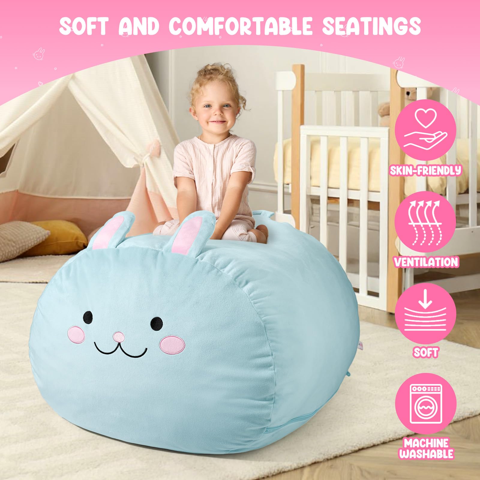GAGAKU Pouf Peluche Coniglio 200L-XXL,Borsa Portaoggetti per Giocattoli Peluche Cameretta dei Bambini,Sacco Porta Peluche Grande Coniglio con Chiusura Lampo per Organizzare–Blu