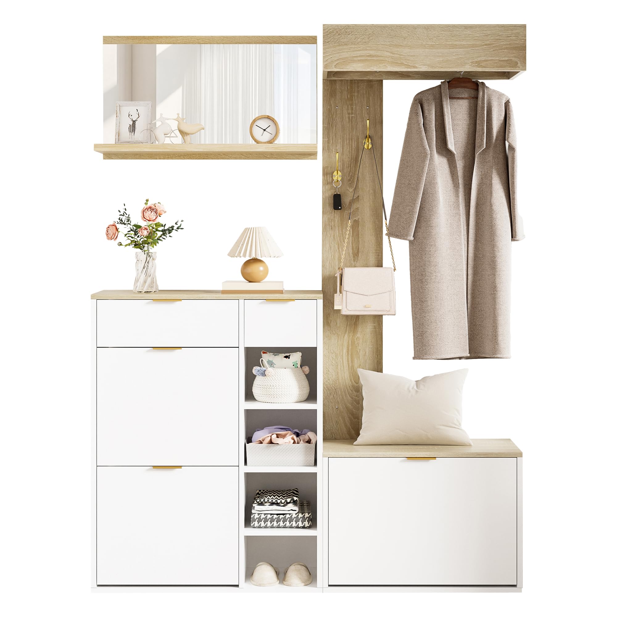 Ensemble de 4 pièces d'entrée : élégant meuble à chaussures, banc, miroir mural et porte-manteau – Parfait pour l'organisation du couloir, dimensions 130 x 30 x 174 cm, décoration de couloir functal