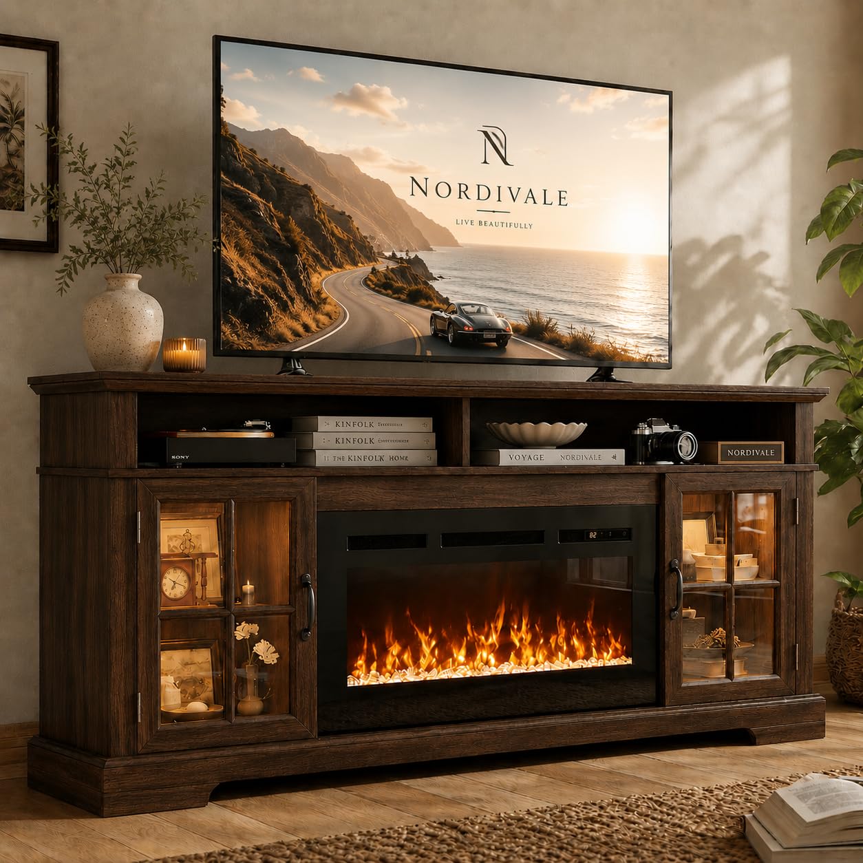 Farmhouse Fireplace TV Stand with LED Lights