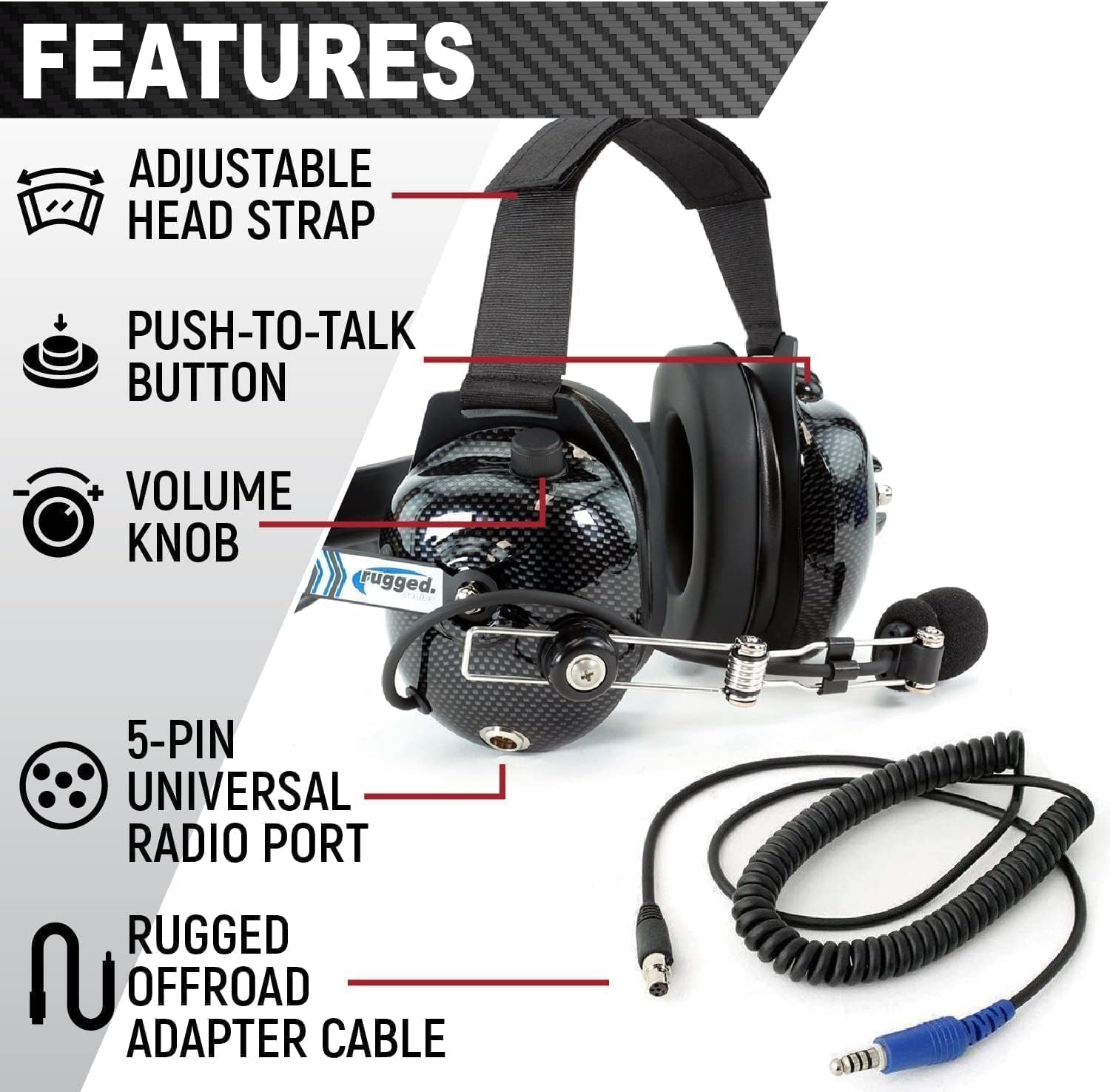 Rugged Radios Carbon Fiber Behind The Head Headset and Adaptor Cable for Intercoms – Features 5-Pin to Off Road Coil Cord and Volume Control Knob 3.5mm Input Jack