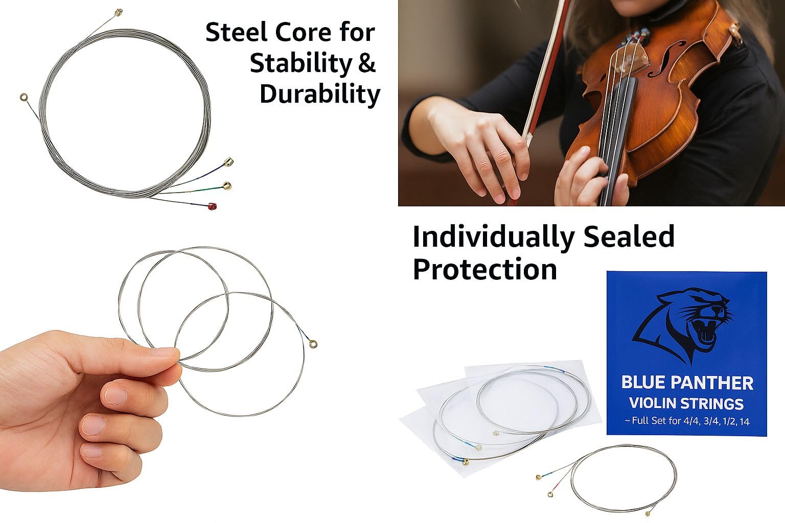 Blue Panther Violin Strings – Full Steel Core Set for 4/4, 3/4, 1/2, 1/4 Violins - Image 8 thumbnail