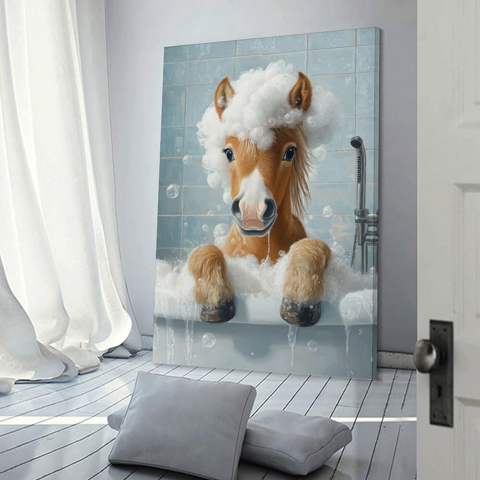 Junmoney Decorative Wall Artwork Horse Bath Time, 12x18inch(30x45cm), for Calm Bedrooms, Home Corners Or Flats, An Easy Wall Refresh for Bedrooms