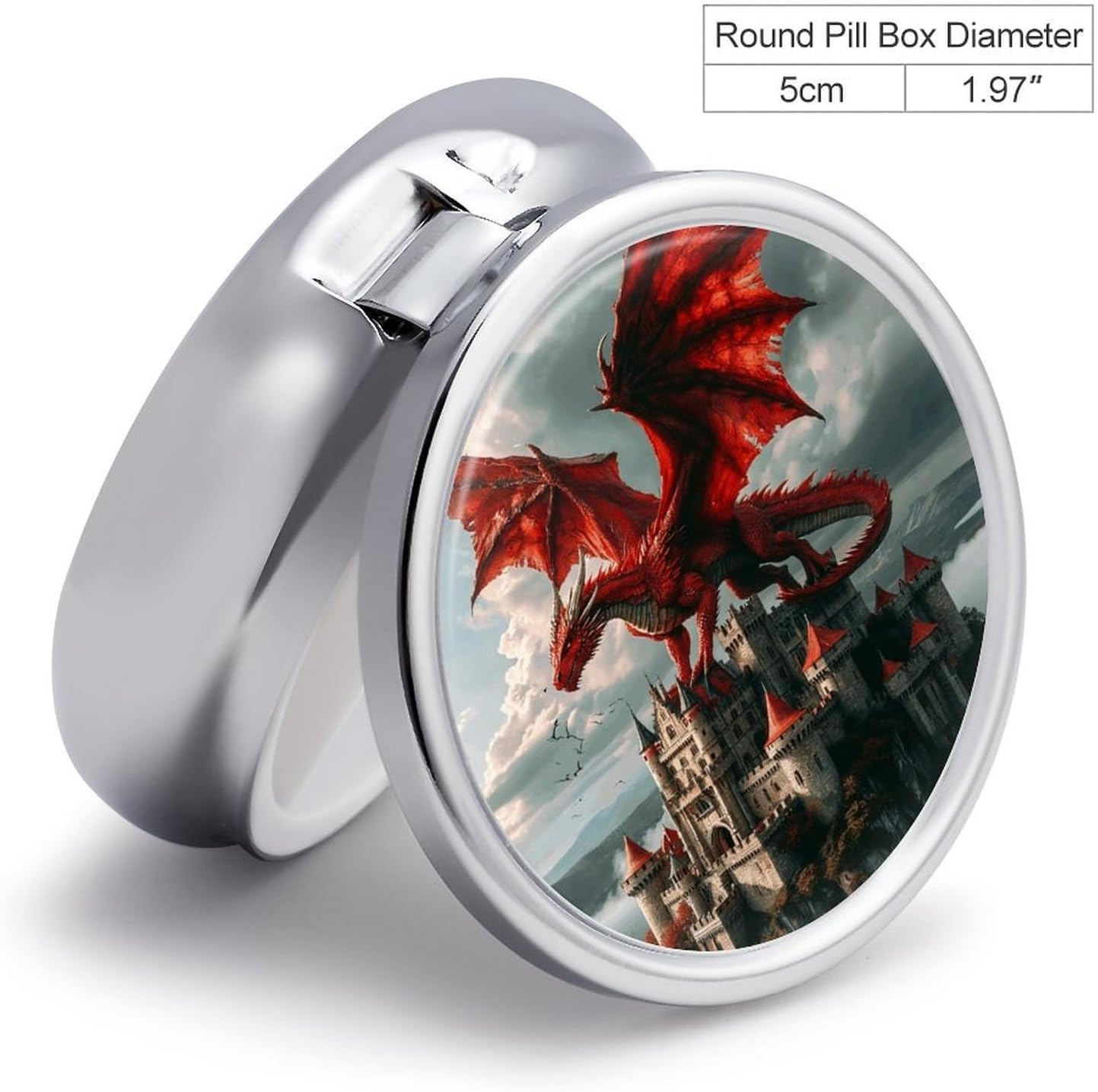 Dragon Castle Round Pill Box with 3 Compartments & Mirror image 2