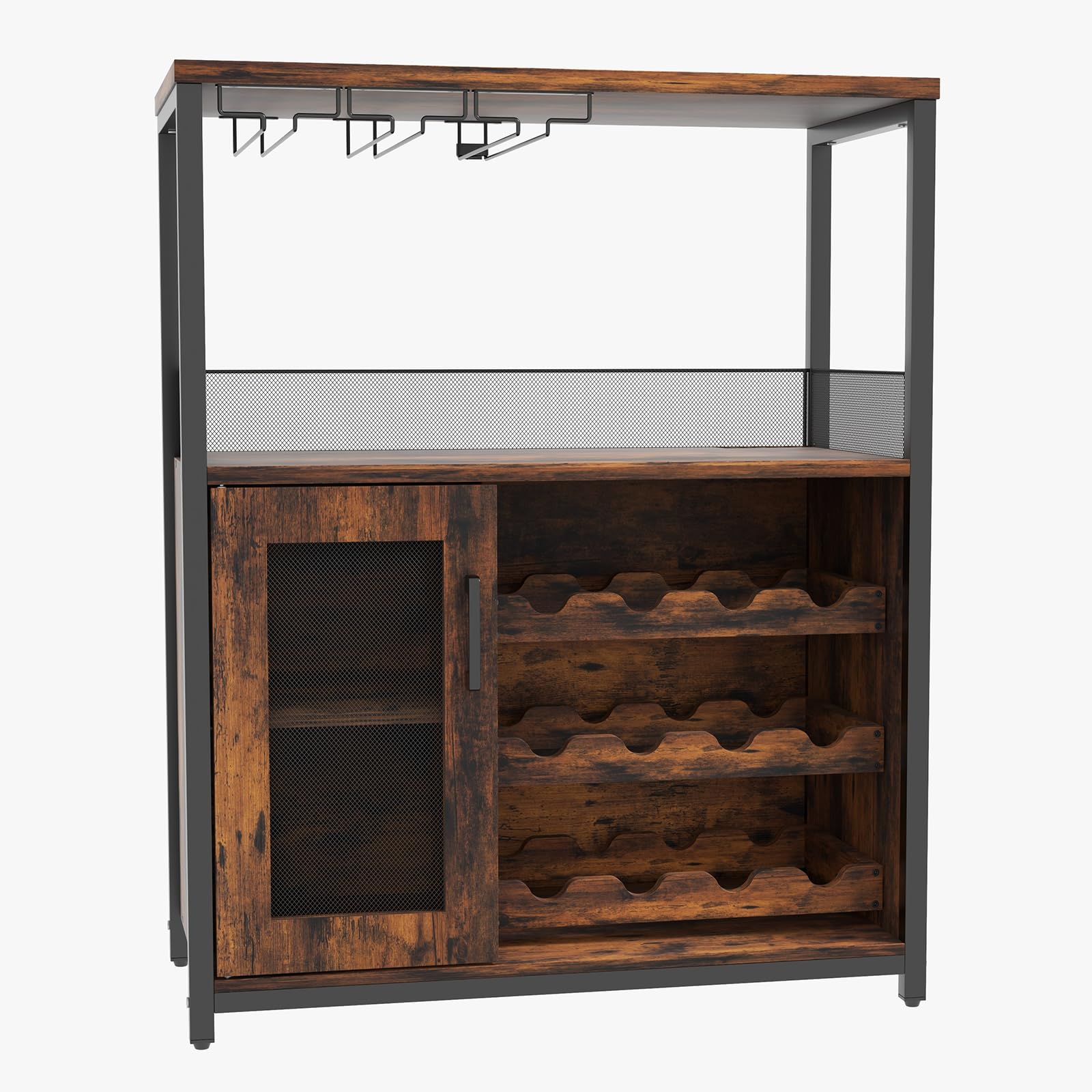 GarveeHome Gabinete de Bar para Vino de 3 Niveles con Luces LED, portavasos y Estante extraíble - Puerta de Malla y Almacenamiento Multifuncional - Aparador Buffet para salón, Comedor o Cocina