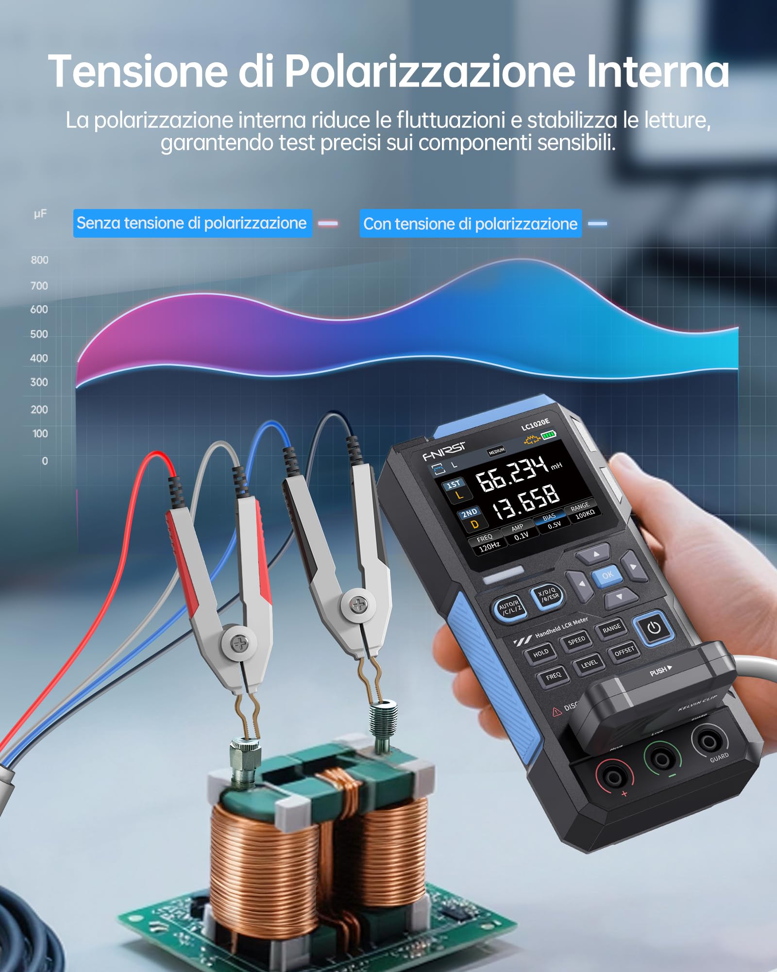 FNIRSI LC1020E Misuratore LCR 100kHz, Tester per Resistori Induttori Condensatori, 19999 Conteggi, Rilevamento Auto Componenti, Misura ESR/Q/D/θ/X, Doppio Parametro, Calibrazione Aperto/Cortocircuito