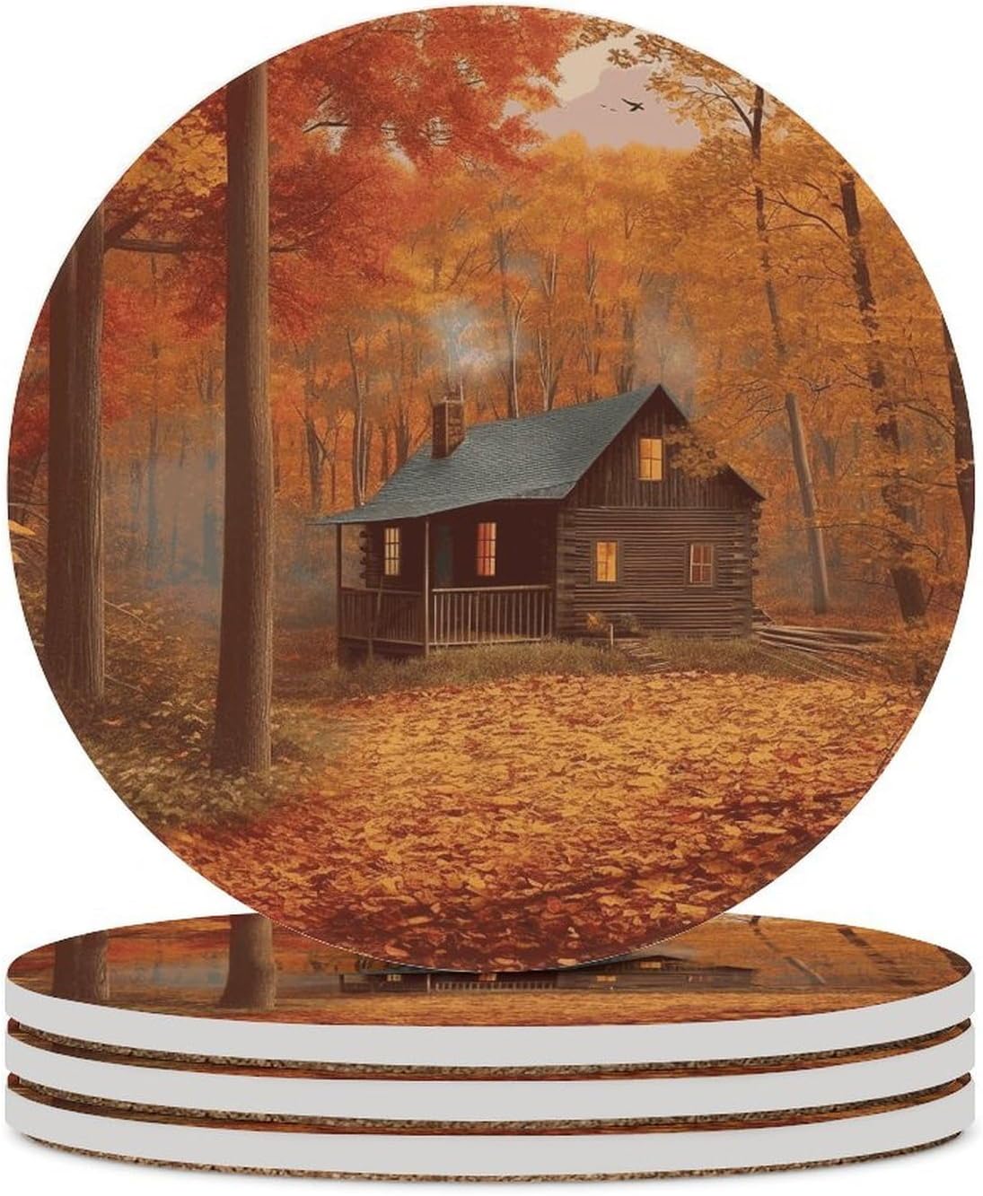 6PCS Autumn Woods Cabin Coasters Non-Slip Round Drink Coasters with Ceramic Stone and Cork Base, Heat Resistant Absorbent 33.00Stone Coaster Set for Kinds of Mugs and Cups, 4 Inch