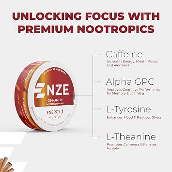 NZE Caffeine Nootropic Pouches (Cinnamon) - Energy Pouches with 50mg Caffeine, Alpha GPC, L-Tyrosine & L-Theanine with No Sugar or Artificial Sweeteners - 15 Pouches Per Can - 5 Pack