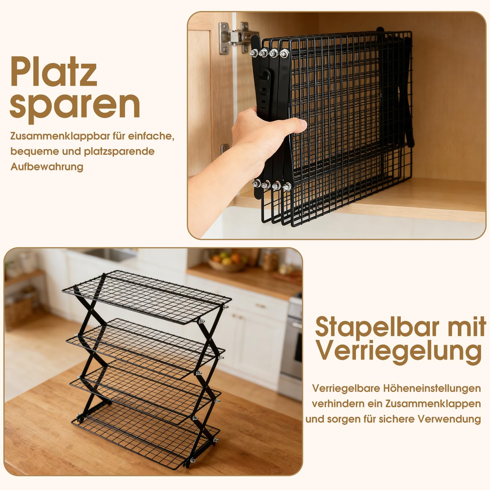 4-stöckiges zusammenklappbares Kühlregal, Antihaft-Abkühlgitter, Klappbares Kuchengitter, Platzsparendes Abkühlregal,Backkühlregal, Backutensilien für Muffins, Kekse, Pizza und Grillgut