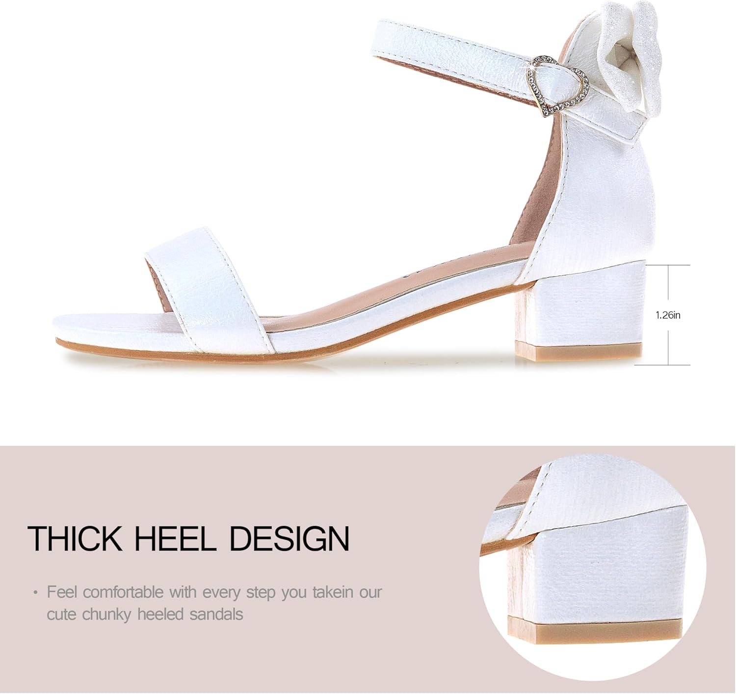 Vonair Girls Sandals Low Heels Ankle Strap Cute Heart Bow Design Flower Girls Wedding Party Dress Shoes for Little Big Kid - Image 3