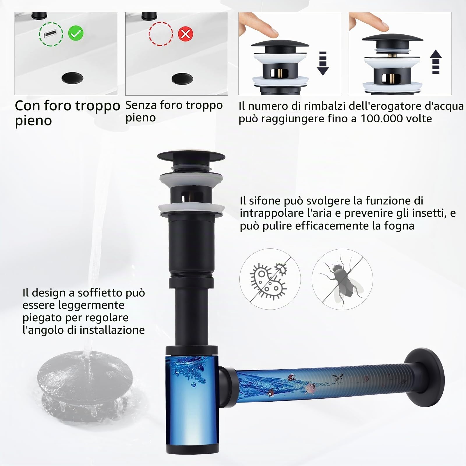 HOMELODY sifone lavabo bagno di design con piletta di scarico per lavabi nero opaco, sifone universale in ottone, tappo per lavabo, sifone salvaspazio con apertura per la pulizia