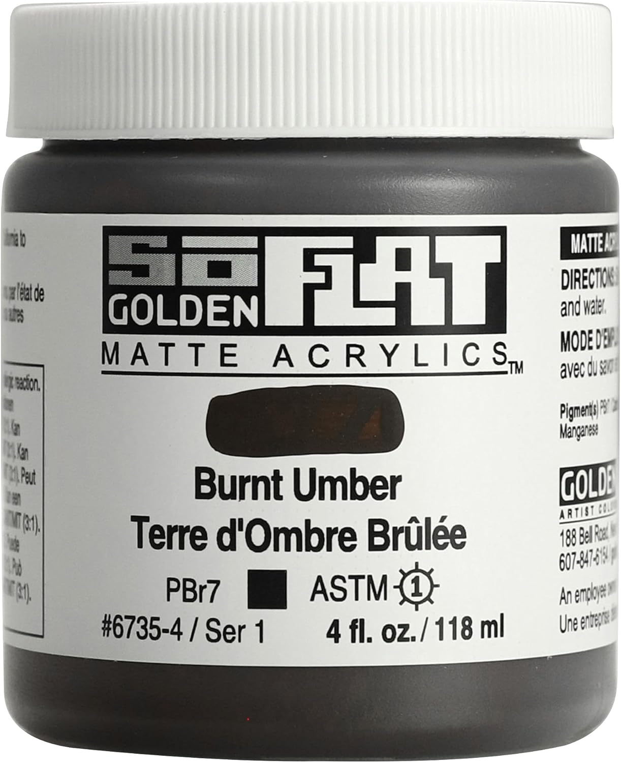GOLDEN SoFlat Matte Acrylics, Burnt Umber, 4 fl. oz. Jar, Professional Acrylic Paint, Opaque