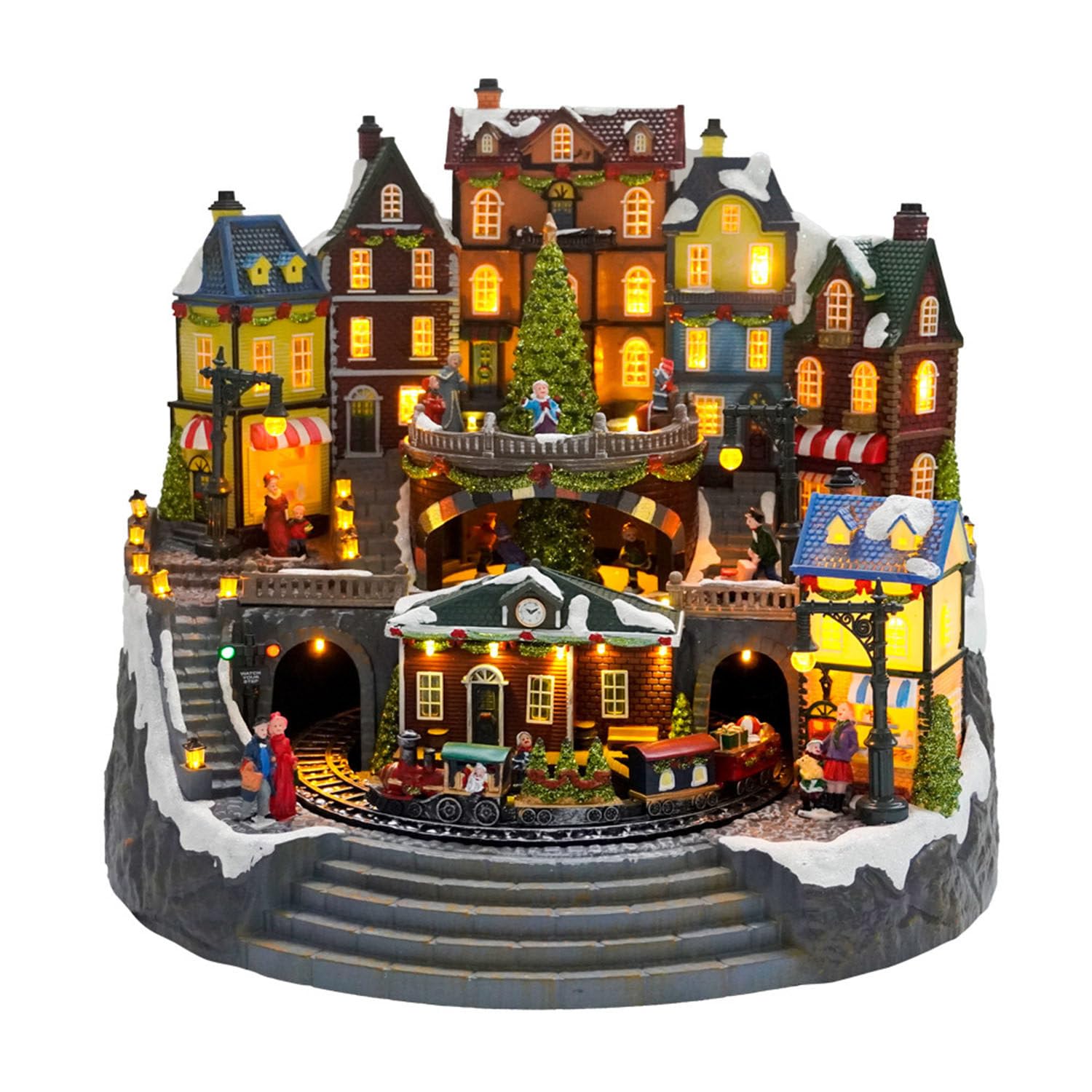 Maisons de village de Noël Bâtiments de collection, train en mouvement autour avec des décorations de Noël musicales à lumière chaude pour les décorations de vacances de Noël