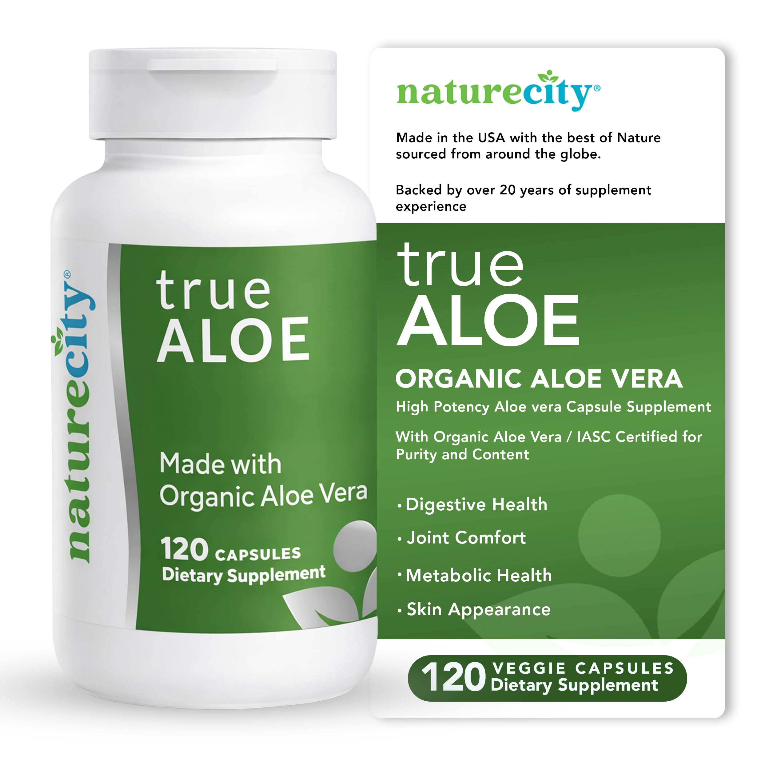 NatureCity True-Aloe Gut Health Support – Per Serving – Organic Aloe Vera (120 Capsules) for Digestive, Skin & Joint Support | Small Easy-to-Swallow Pills