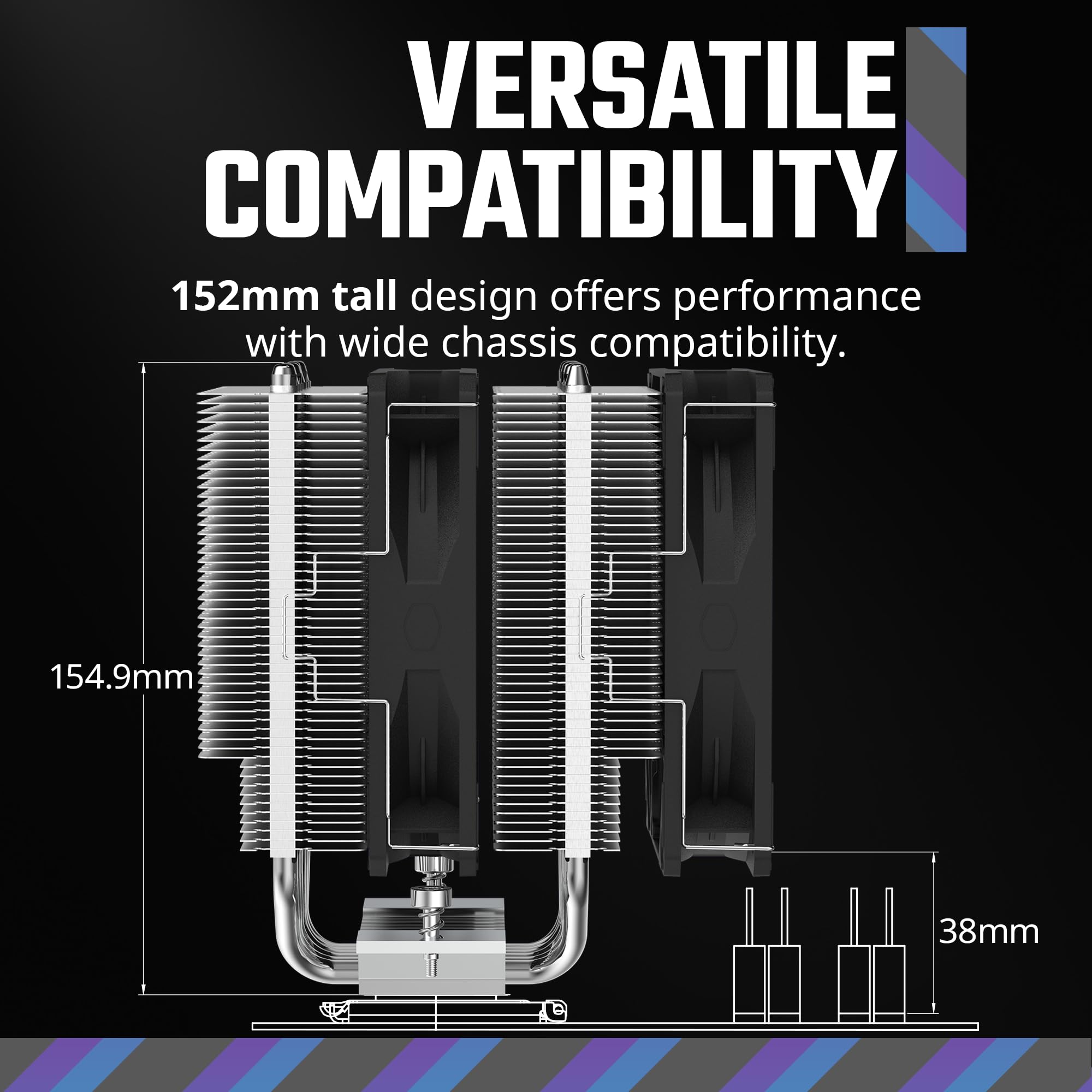 Cooler Master Hyper CPU Cooler, SickleFlow 120 Edge PWM Fan, Aluminum Top Cover, 4 Copper Heat Pipes, 152mm Tall, AMD Ryzen AM5/AM4, Intel LGA 1851/1700/1200 Brackets