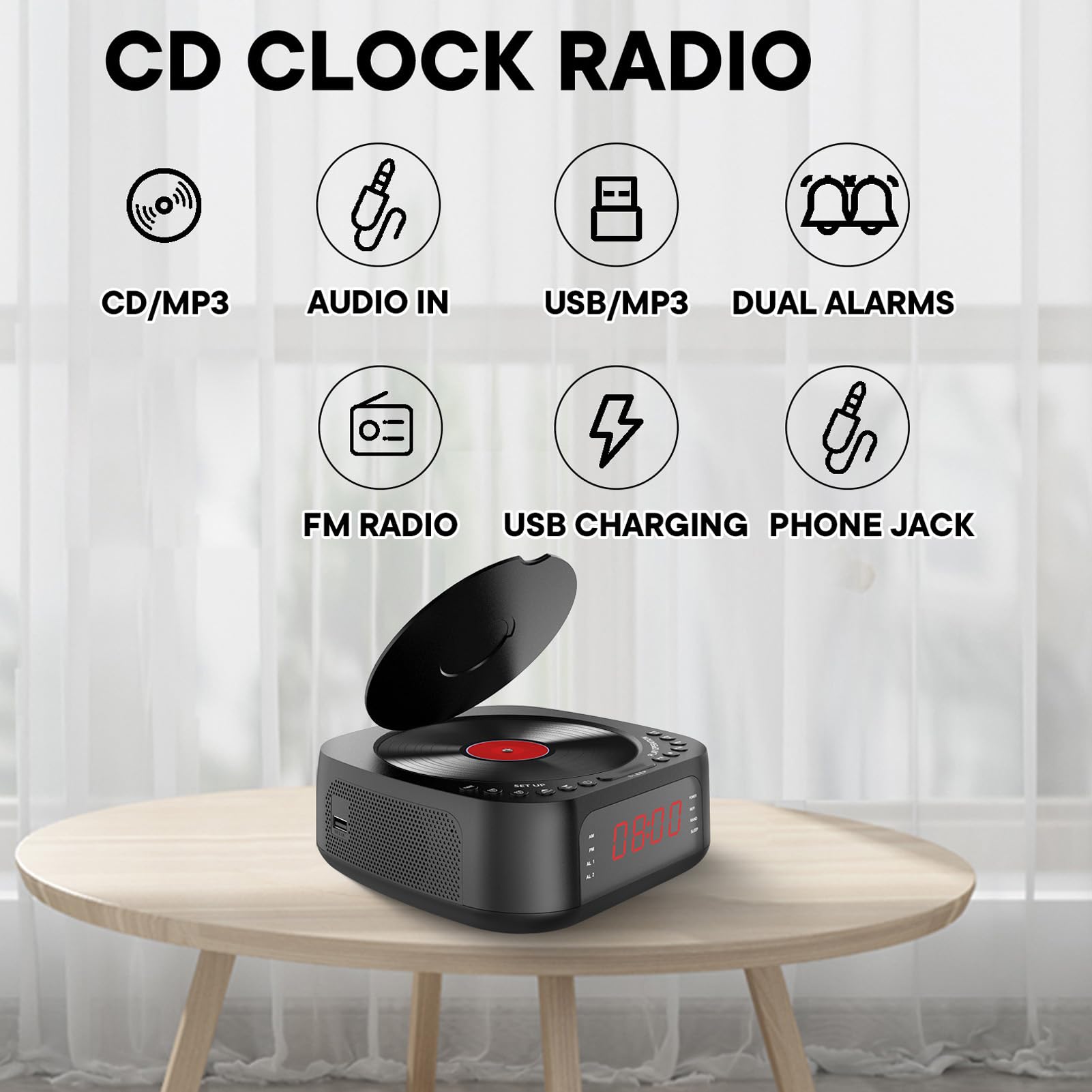 ciciglow Odtwarzacz CD Radio z Budzikiem, Stacjonarny Odtwarzacz CD z Bluetoothem i Przyciemnianym Wyświetlaczem, Radioodtwarzacz z Głośnikiem i Pilotem do Sypialni (wtyczka UE)