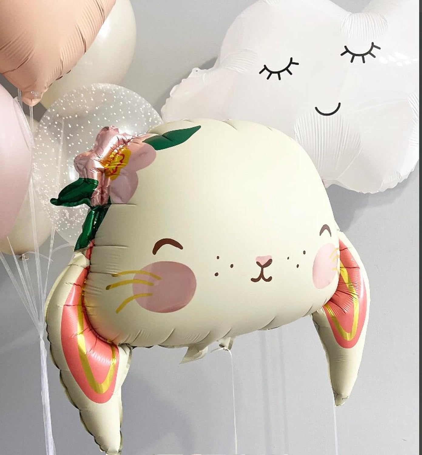Bunny Foil Balloon – Cute Floral Bunny Head with Ears – Pastel Easter or Baby Shower Decoration – Rabbit Balloon for Girls Birthday Party, Spring or Woodland Theme