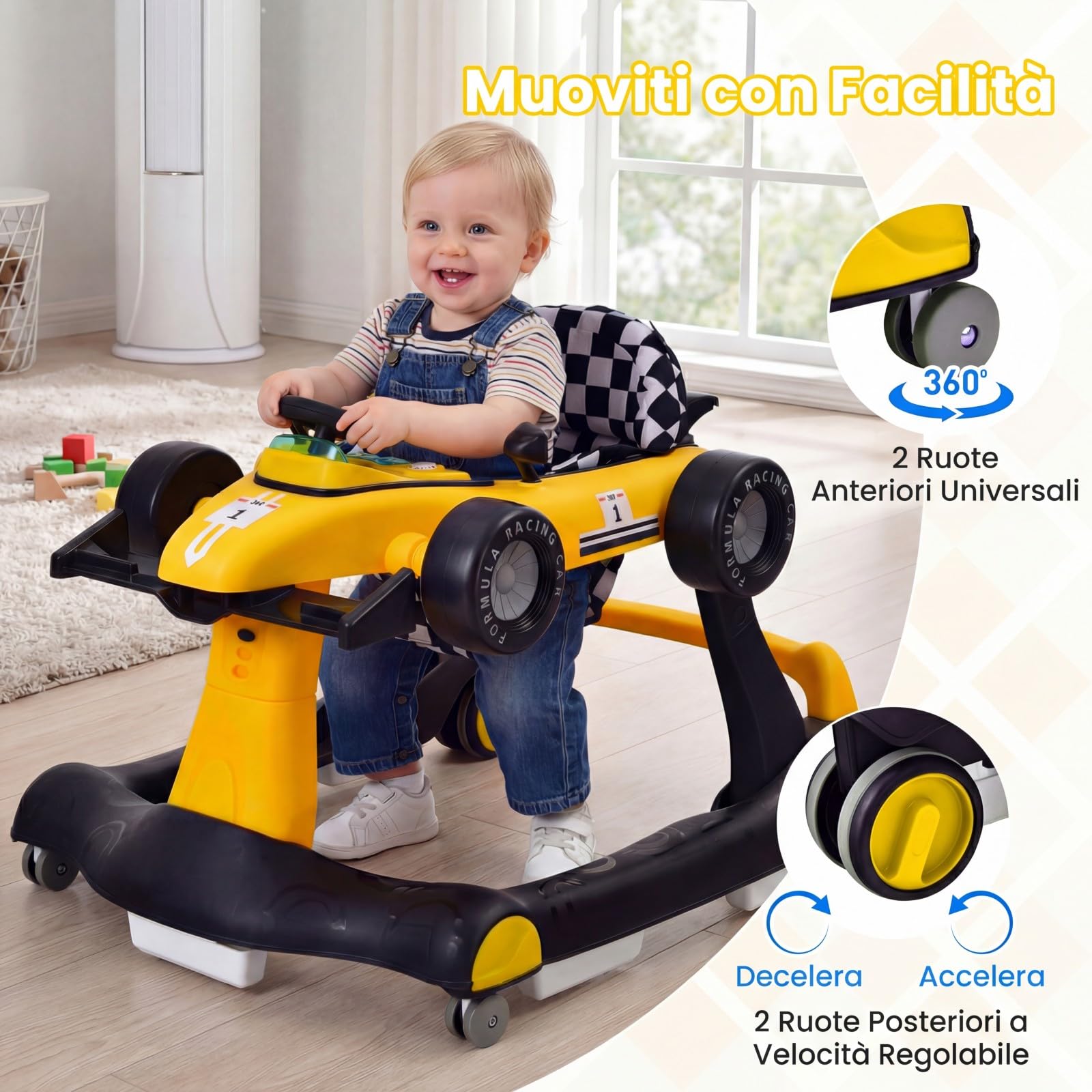 RELAX4LIFE Girello per Bambini 6-18 Mesi, Baby Walker 4 in 1 Trasformabile, Carrello Primi Passi e Macchinina a Spinta con Luci e Suoni, Altezza Regolabile, Pieghevole (GIALLO)