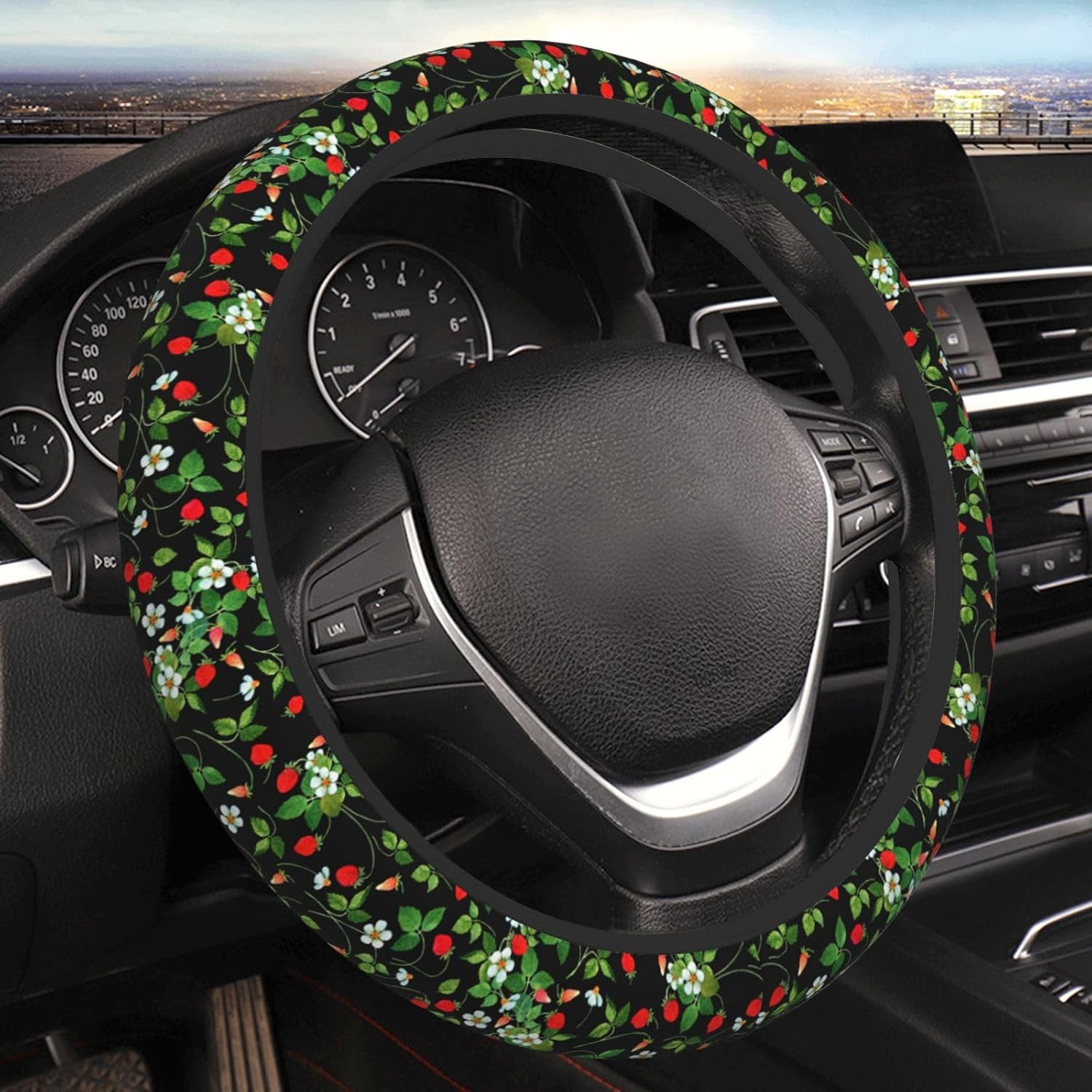 Wild Strawberry Elastic Steering Wheel Cover Non-Slip Breathable Steering Wheel Protector Fit Auto, SUVs, Truck