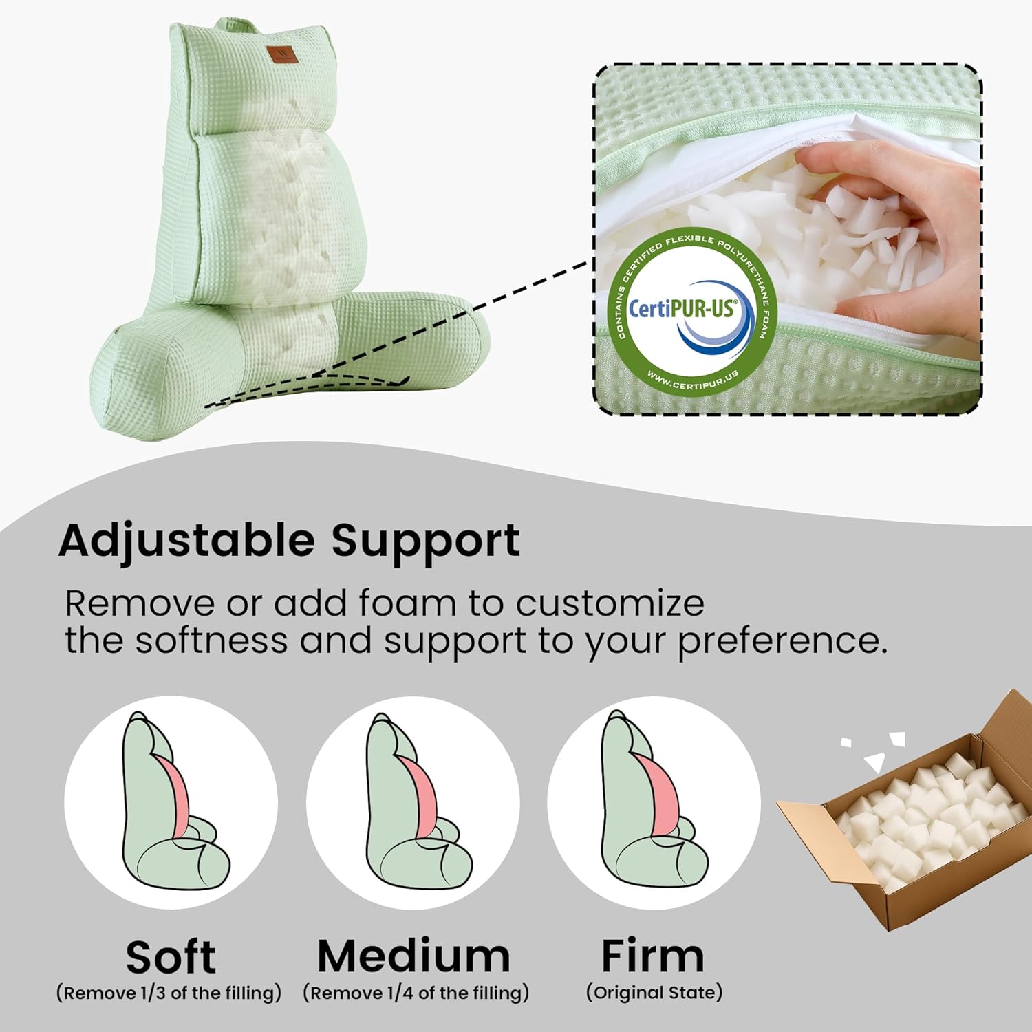 Amélie Home Premium Cooling Waffle Reading Pillow, Qmax>0.37 Ergonomic Backrest Support with Pocket & Handle, Breathable Lounging Pillow for Bed Sofa Floor Summer, 25 Inches, Sage Green