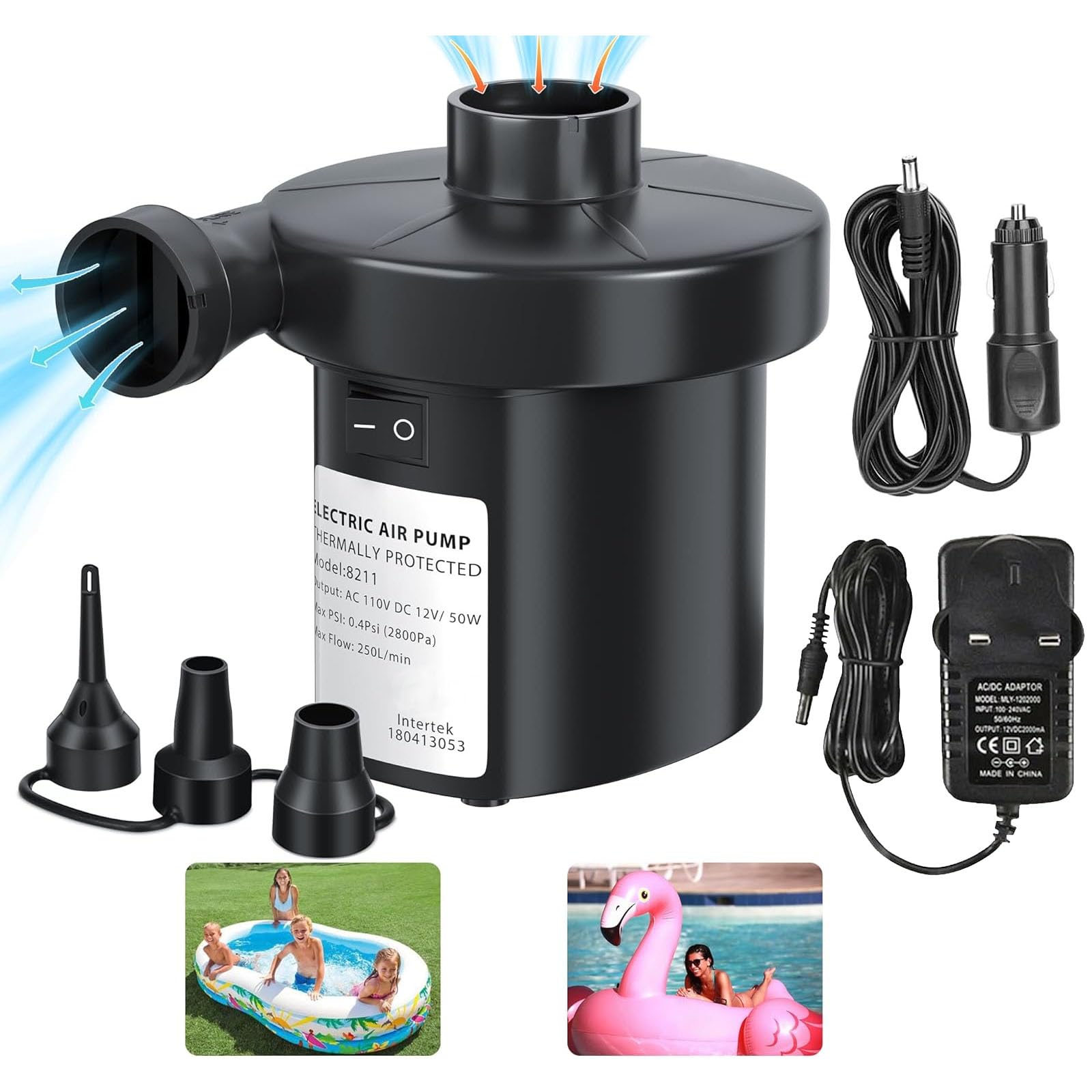 LinJie Electric Air Pump, Portable Outdoor Camping Inflatable Pump for Boats, Swimming Pools, Water Toys, Cars, Beds - With 3 Nozzles