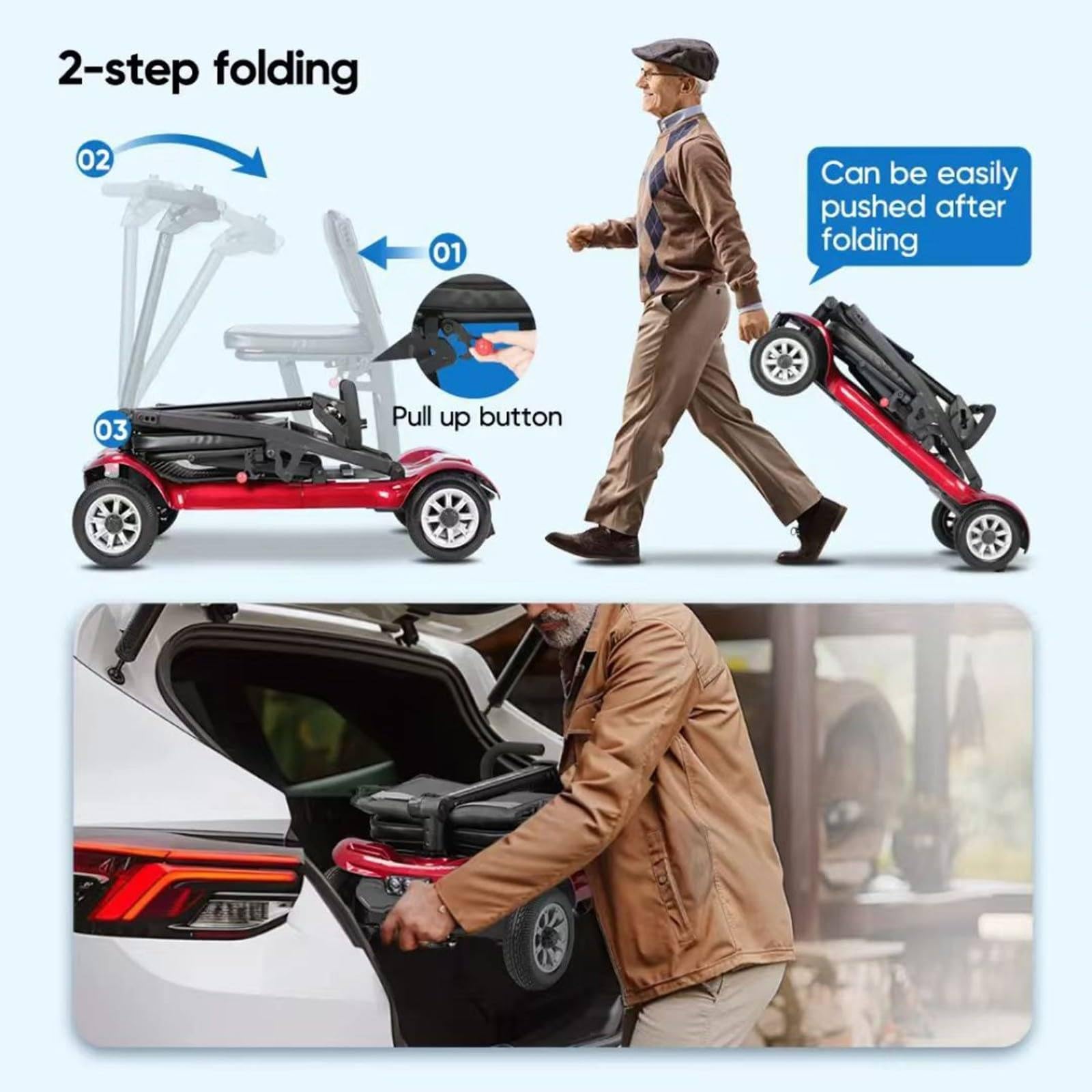 Składany Skuter Elektryczny, Ultralekki, 4-Kołowy Skuter Inwalidzki Dla Seniorów (16 Kg), Z Reflektorami LED, Dla Osób Starszych I Niepełnosprawnych 6.6A-Black