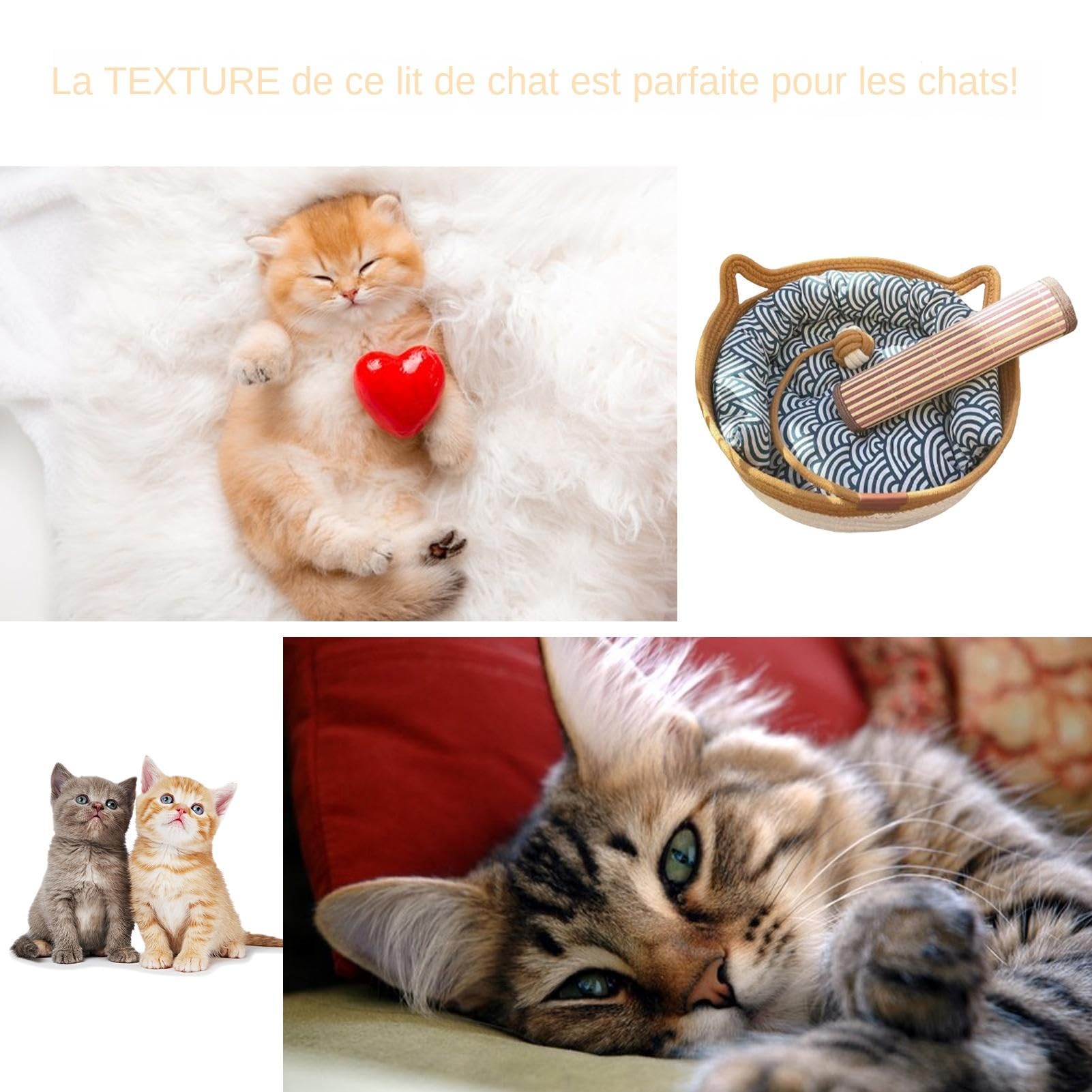 Lit pour Chat en Corde de Coton, Nid de Panier Rafraîchissant | Tapis d'Intérieur en Forme de Chaton Respirable pour Chiot avec Queue de Jouet pour Dormir en Été
