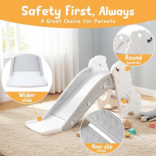 Miniatura 3 de Tobogán para niños pequeños de interior con pelota escaladora en blanco perla para niños, juego independiente para interiores con aro de baloncesto