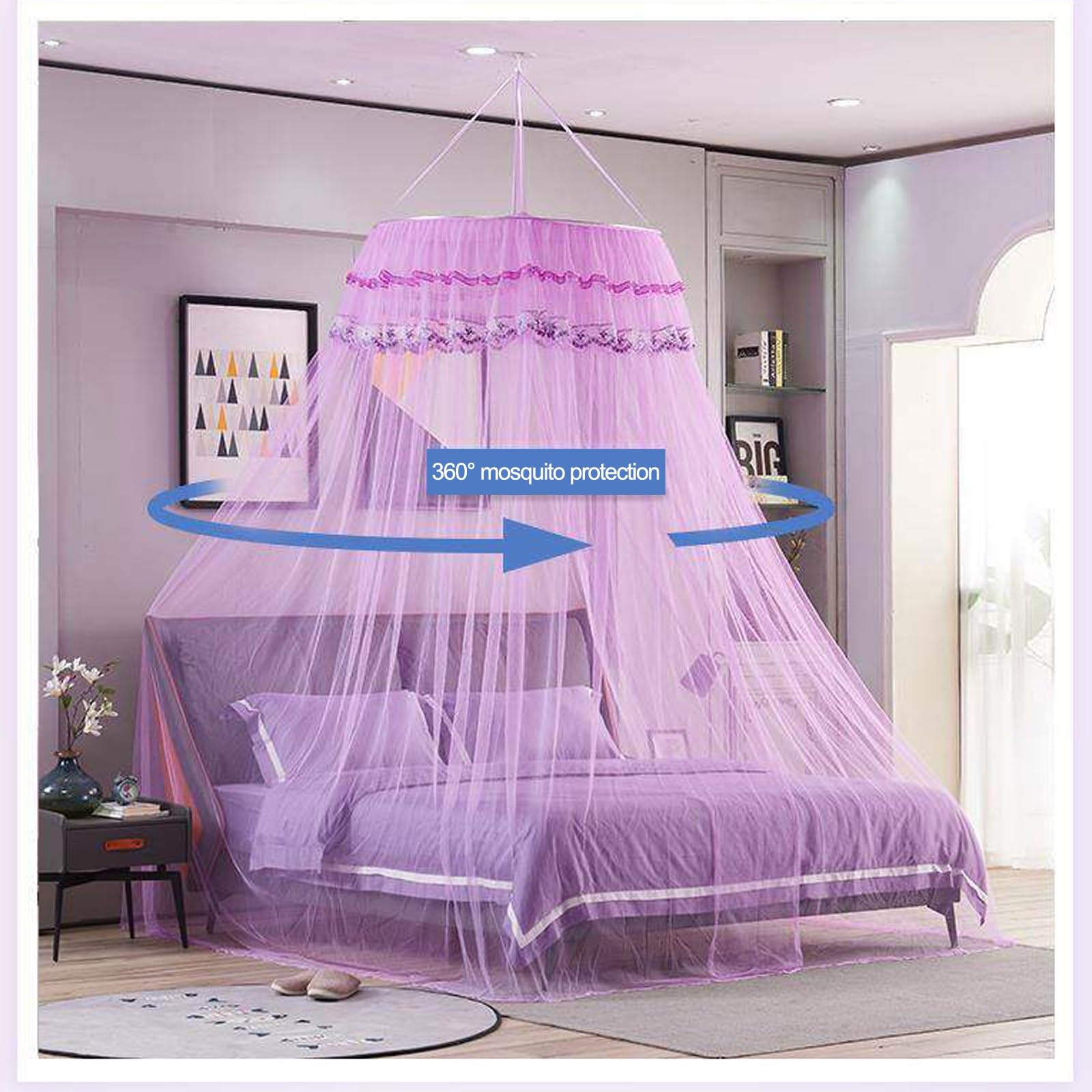 SARKEY Transparenter Netz Kuppel Bettvorhang,Prinzessinnen Betthimmel,Elegante Moskitonetz Bettvorhänge,Hängende Bettnetzabdeckung Für Schlafzimmer,Erwachsene,Hochzeit Dekoration(Purple)