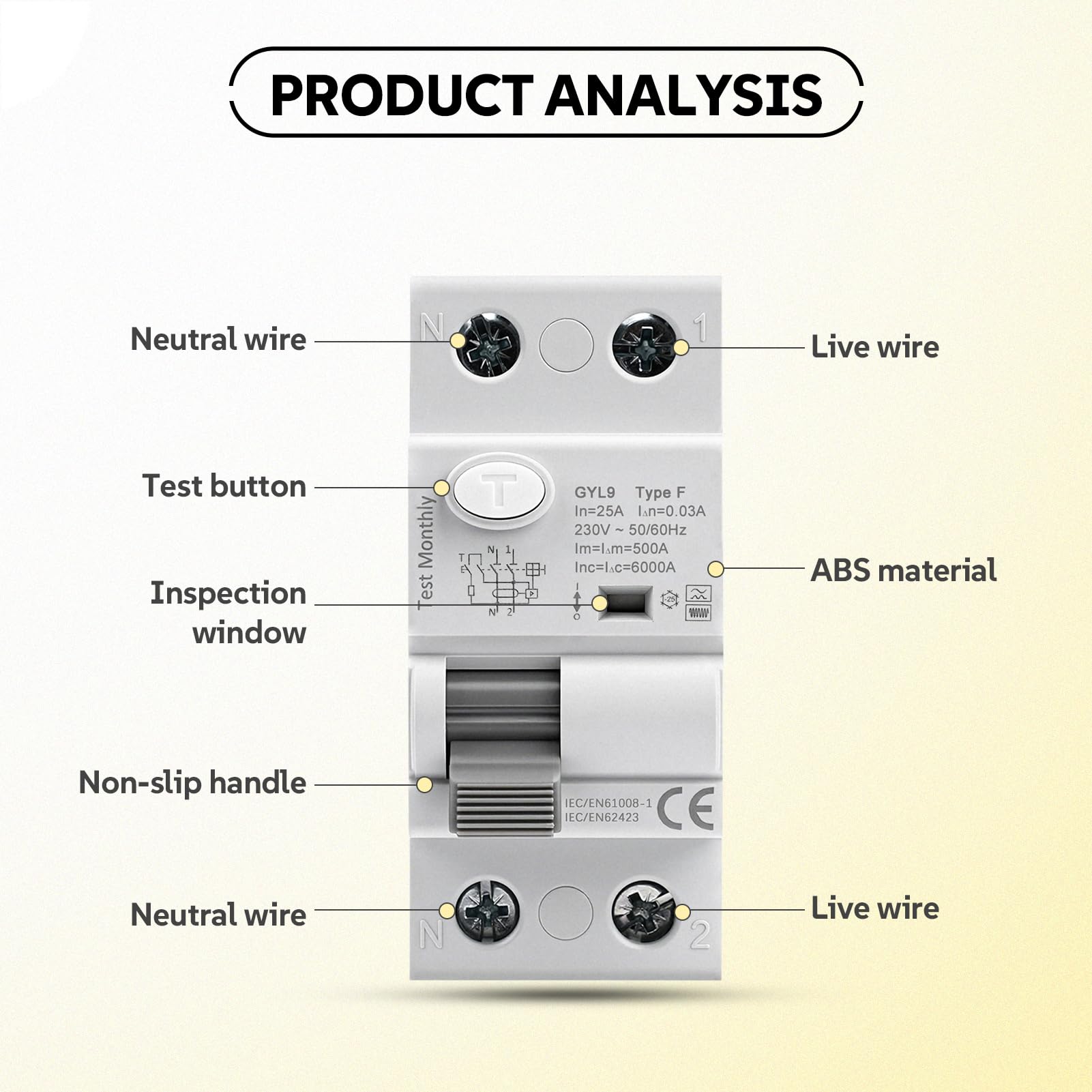 Interruttore Differenziale Magnetotermico 25A 30mA AC230V 2P Magnetotermico Differenziale Tipo F 6kA, per carichi monofase a frequenza variabile condizionatori d'aria lavatrici pompe idrauliche GYL9