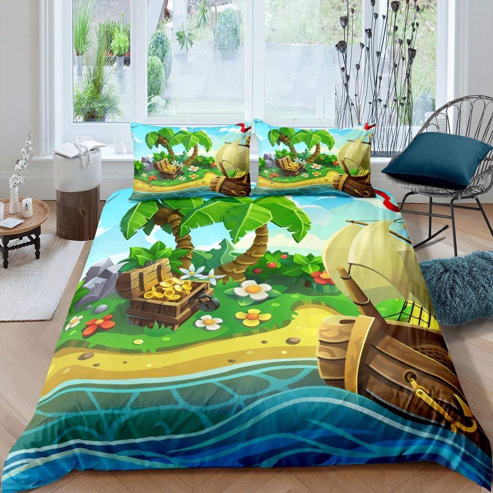 Erosebridal Sailboat Duvet Cover Nautical Pirate Theme Bedding Set Palm Tree Island Treasure Comforter Cover Hawaiian Beach Cartoon Bedspreads Cover Child Room Decor with 2 Pillow Cases Full Size