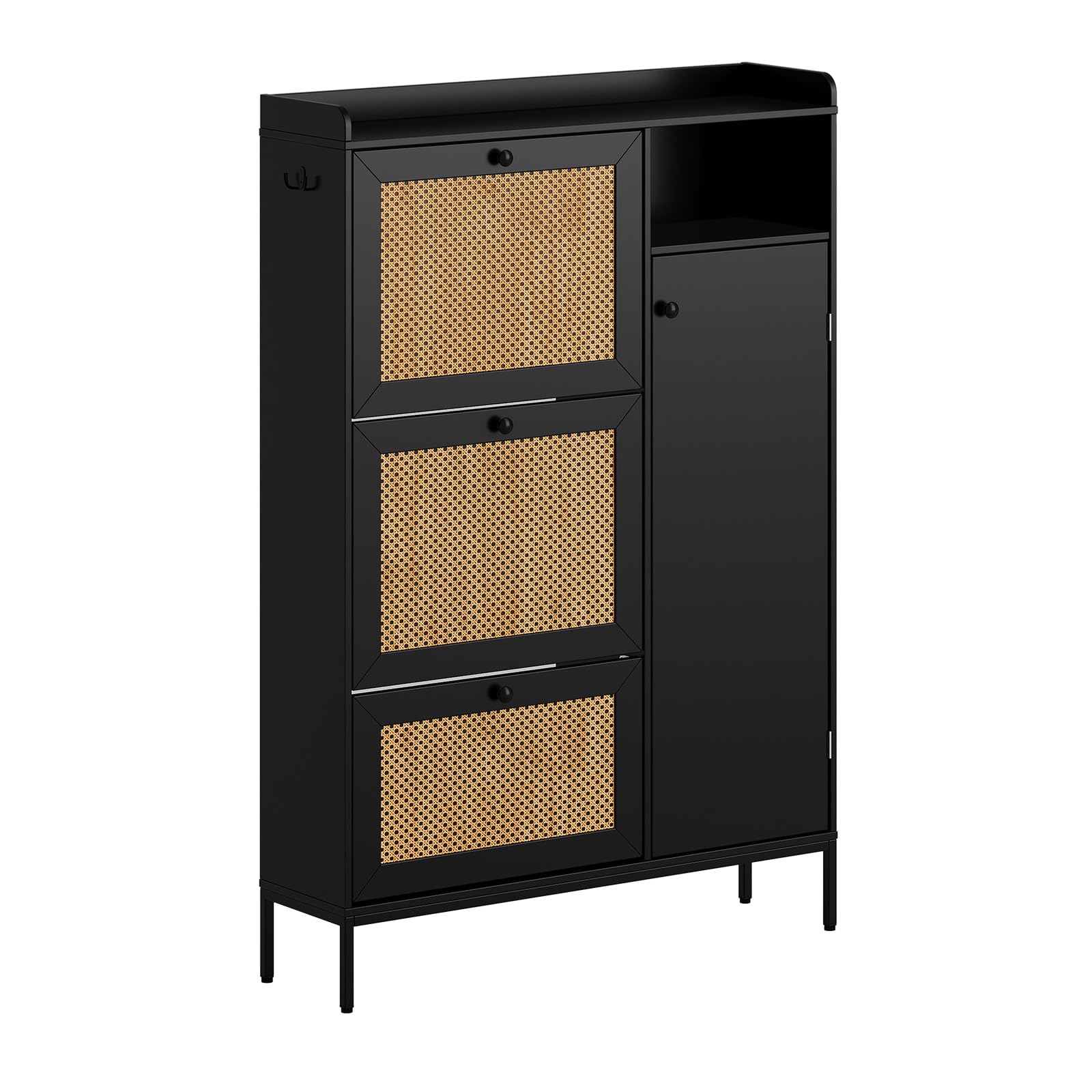 Mueble Zapatero de Ratán de 3 Niveles con Puerta Basculante, 3 Cajones Abatibles, Estantes Ajustables y Compartimentos Abiertos, Zapatero Entrada Recibidor Estrecho con Una Valla en la Parte Superior