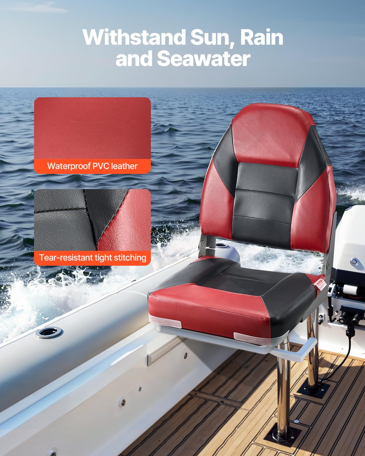 VEVOR Sedile per Barca Yacht Schienale Alto, Sedile Pieghevole per Barca Cuscino in Spugna Ispessita Pelle in PVC Impermeabile, Cerniere in Lega di Alluminio, Sedile per Navi, Nero Rosso 2 Pz