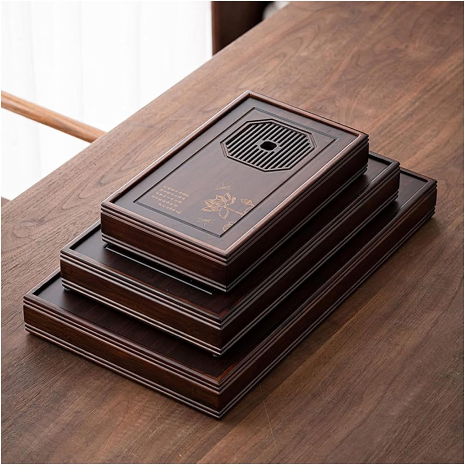 竹茶盤、茶盆、 長方形の貯水池型竹製ティートレイ、取り外し可能なクリーニング、ホームオフィスの装飾トレイ(29.5*17.5cm)