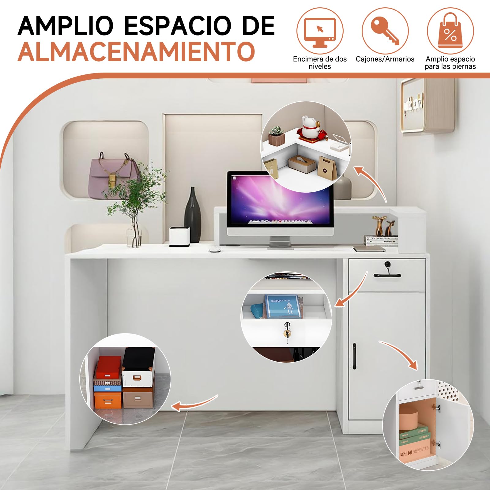 Mostrador de Recepción Moderno de MDF, 100–240 cm, con Cajón y Estantes Abiertos, Mueble de Oficina para Tiendas, Salones, Consultorios y Recepciones