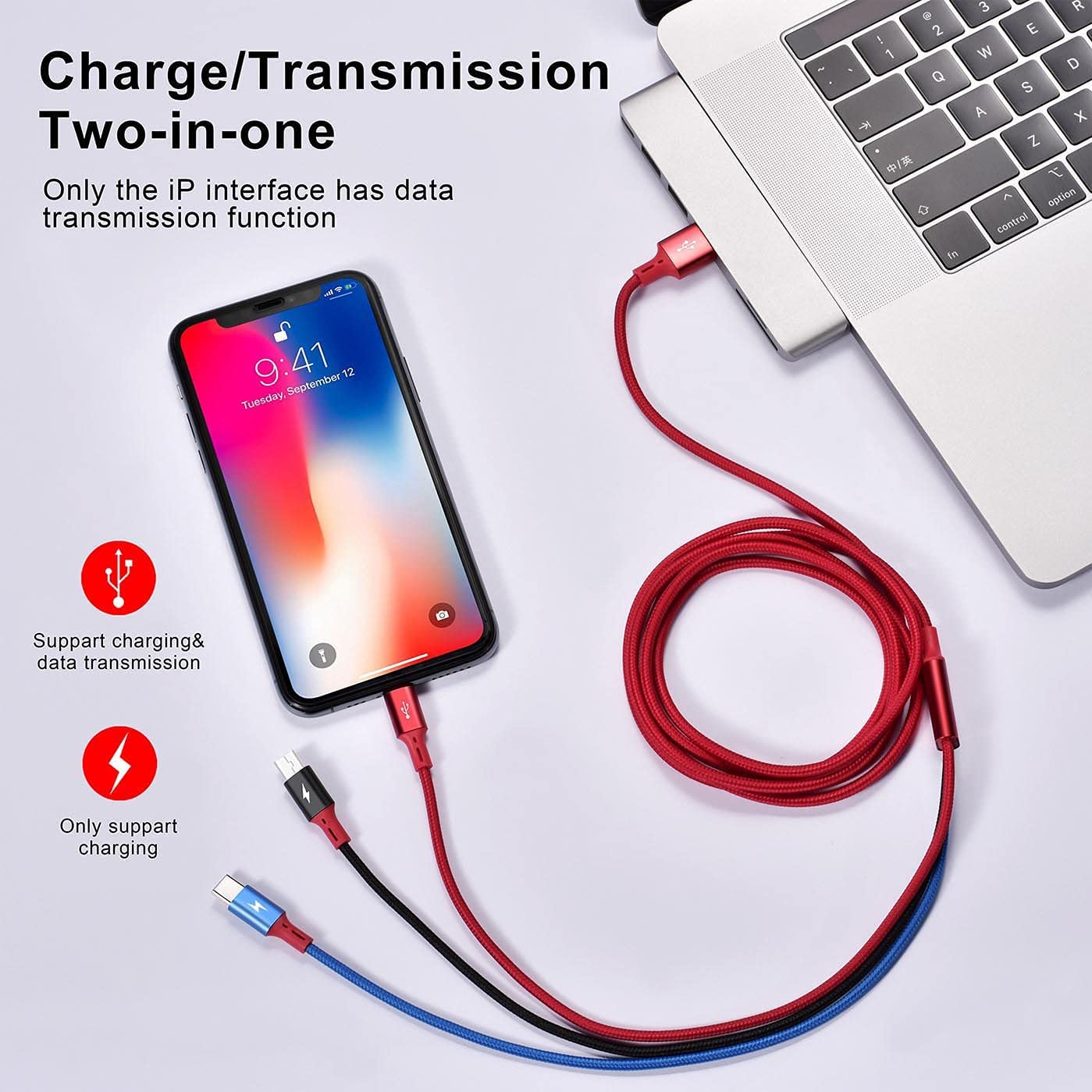 ASICEN Multi Cavo di Ricarica, [3pcs,35cm] 3 in 1 Multiplo Cavetto, Nylon Intrecciato Cavo USB di Ricarica per iP/Micro USB/Typo C per iPhone/Tablet/Samsung Galaxy/LG/Pixel/HTC/OnePlus (Rosso